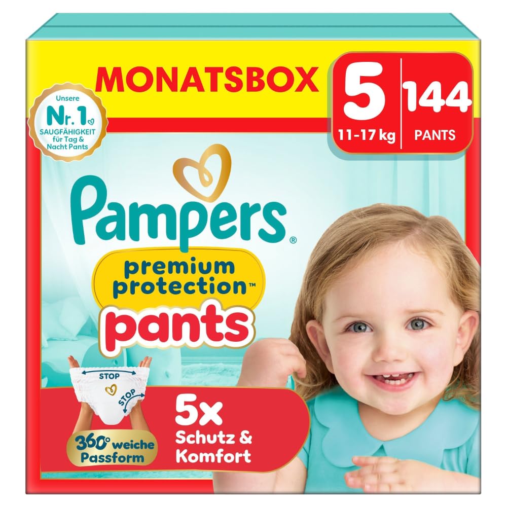 Pampers Premium Protection Pants Größe 5, 144 Windeln, 11kg-17kg, mit 360°