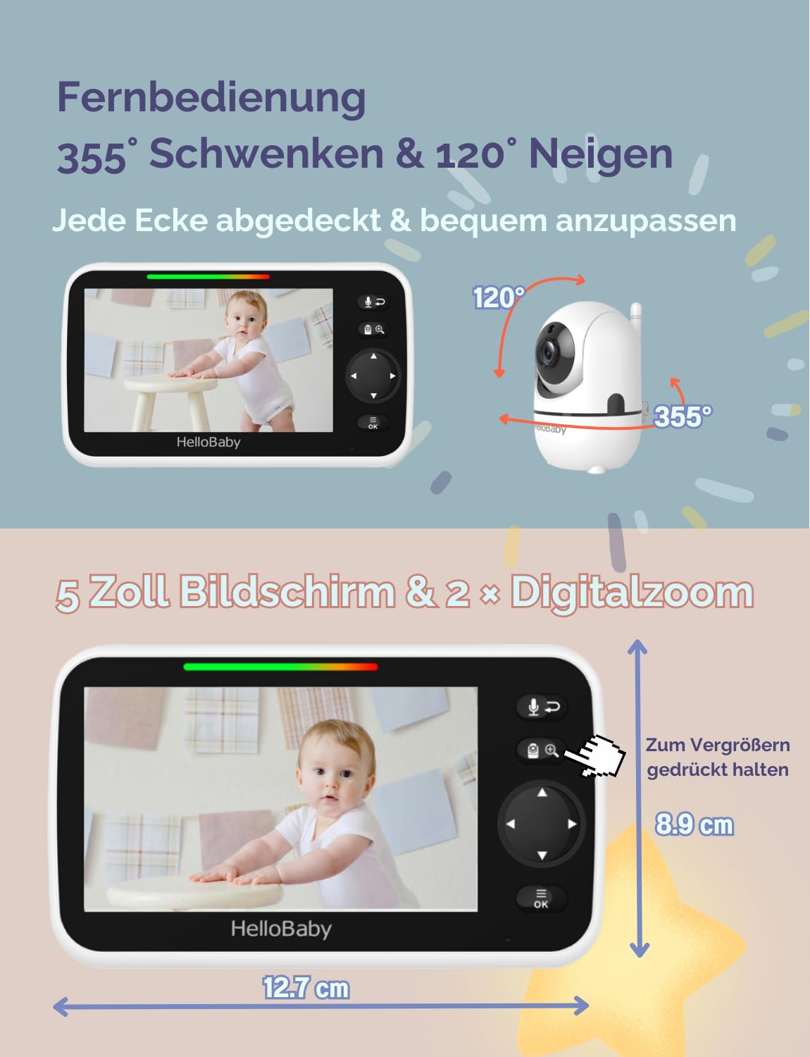 HelloBaby HB6550 Babyphone mit Kamera | 5" Display & 3500mAh | 355° Schwenkbar