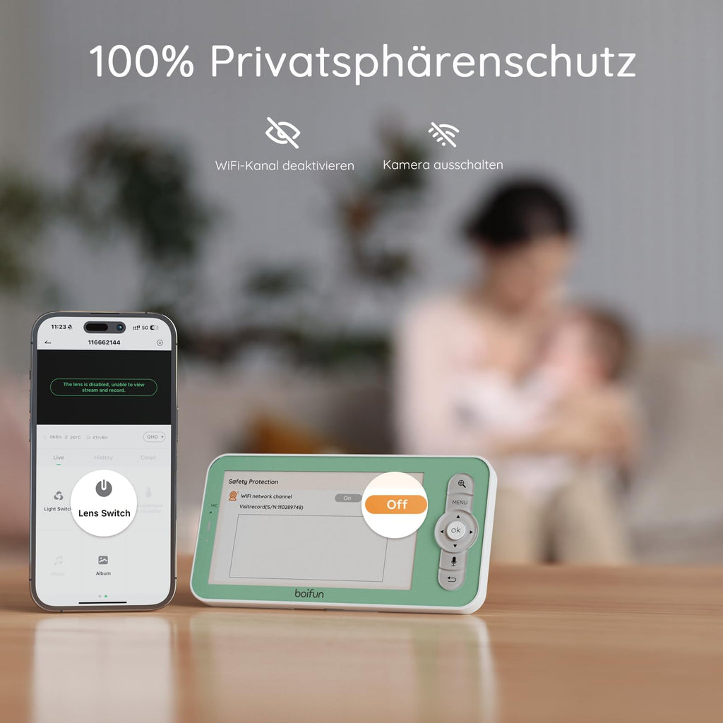 BOIFUN 2K WLAN Babyphone mit Kamera & App – 5 Zoll Monitor, 360° Schwenk