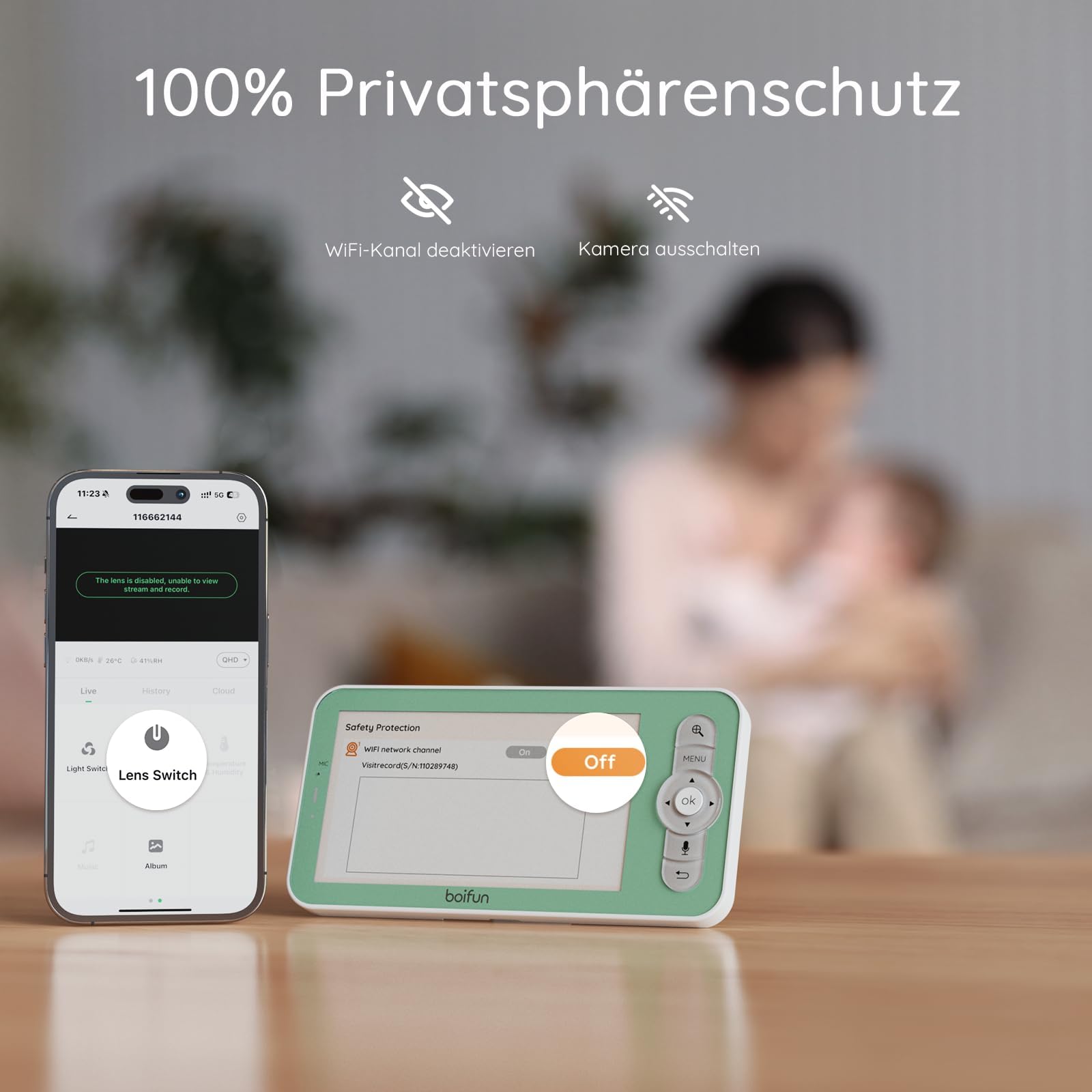 BOIFUN 2K WLAN Babyphone mit Kamera & App – 5 Zoll Monitor, 360° Schwenk