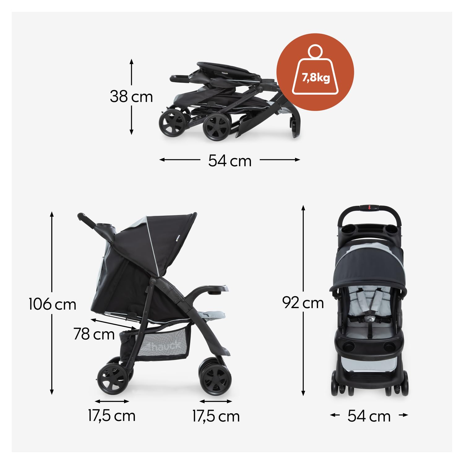 Hauck Shopper Neo II | Buggy bis 22 kg mit Liegefunktion & 2x Tablett | Schwarz Grau