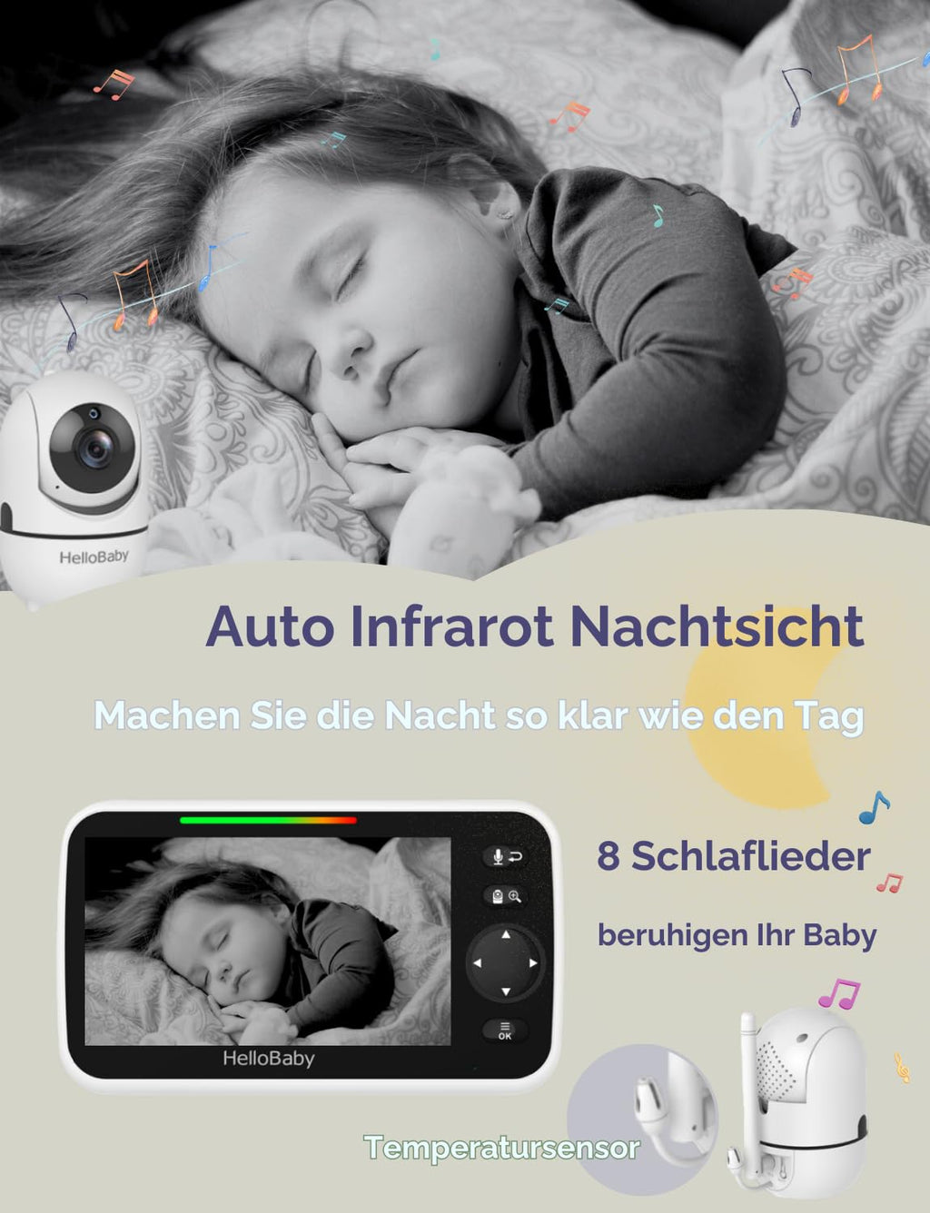 HelloBaby HB6550 Babyphone mit Kamera | 5" Display & 3500mAh | 355° Schwenkbar
