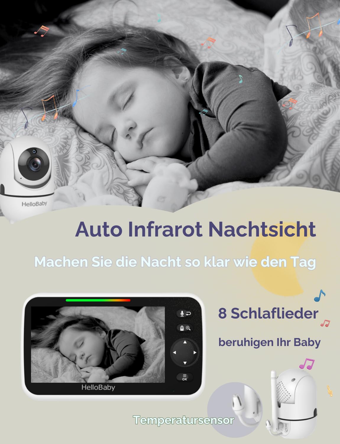 HelloBaby HB6550 Babyphone mit Kamera | 5" Display & 3500mAh | 355° Schwenkbar