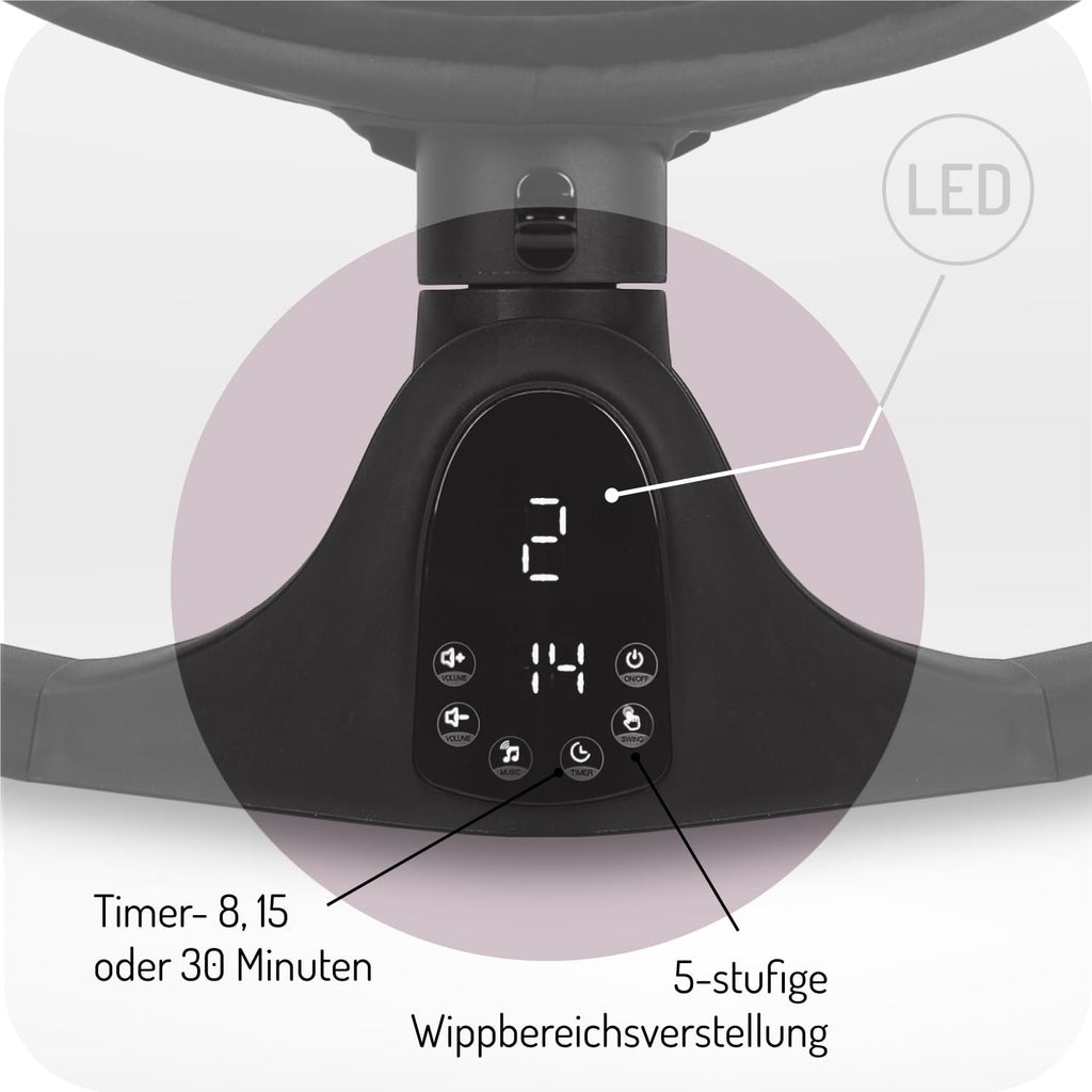 MoMi KENANI ONYX Babywippe Elektrisch | Bluetooth, LED-Display & Fernbedienung | Bis 9 kg