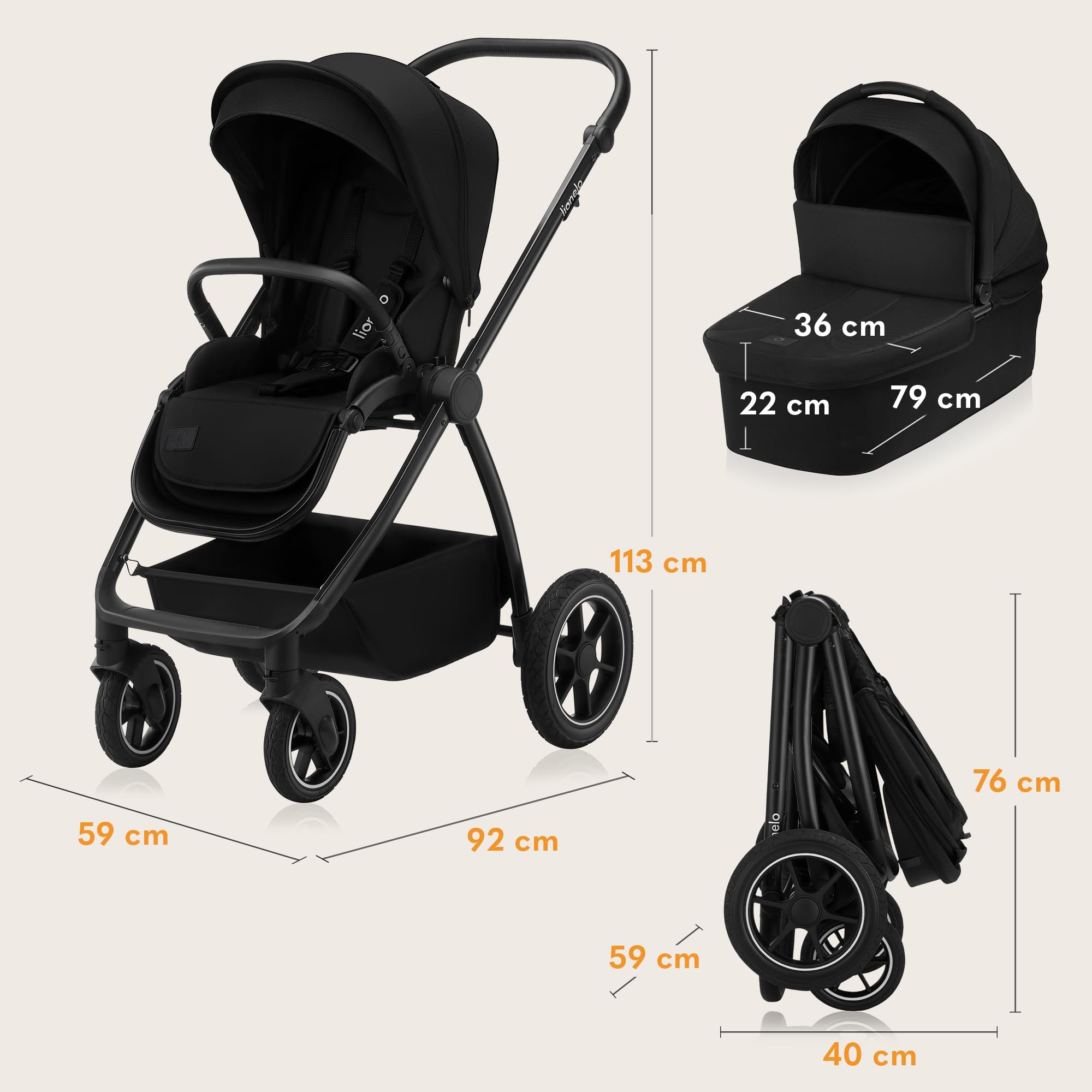 LIONELO MERIL 3-in-1 Multifunktionaler Kinderwagen 0-48 Monate Bis zu 22 kg, Babywanne bis zu 9 kg, Kindersitz bis zu 13 kg, Geländeräder 360°, Vollfederung, XXL-Verdeck mit UPF50+