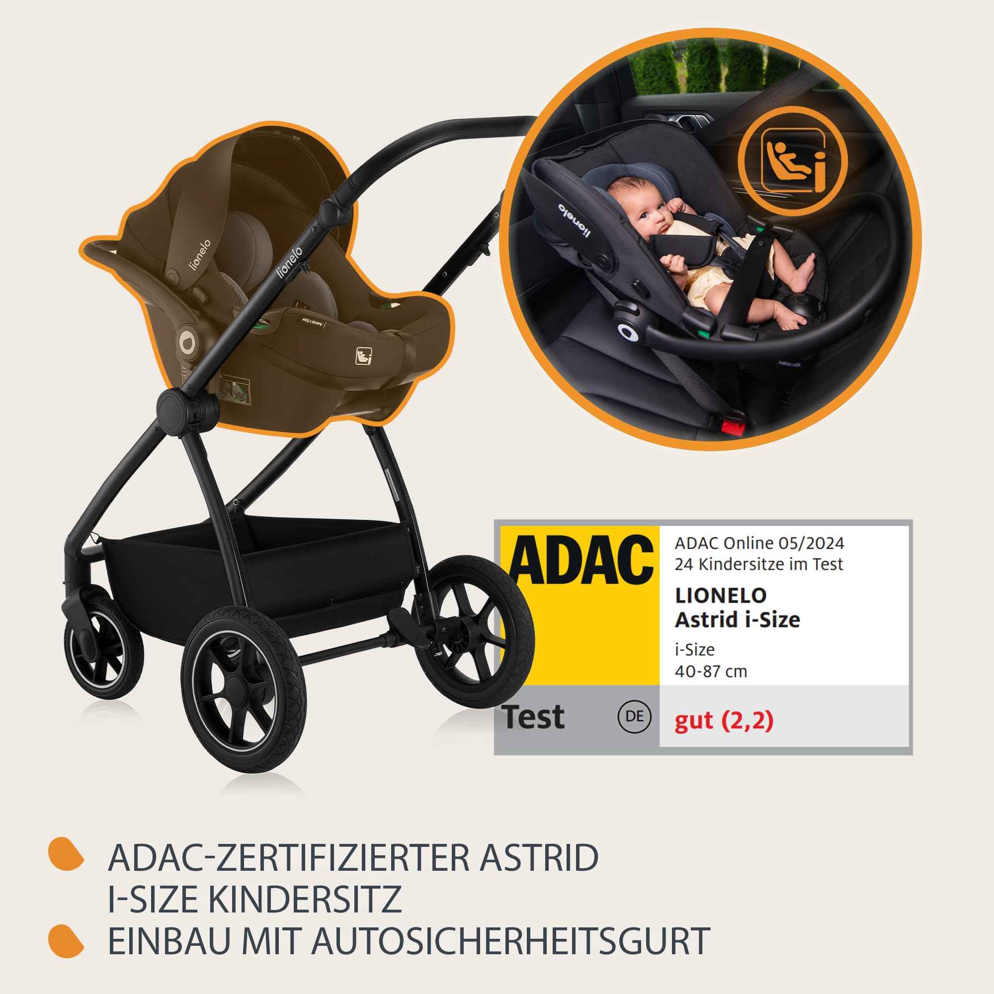 LIONELO MERIL 3-in-1 Multifunktionaler Kinderwagen 0-48 Monate Bis zu 22 kg, Babywanne bis zu 9 kg, Kindersitz bis zu 13 kg, Geländeräder 360°, Vollfederung, XXL-Verdeck mit UPF50+