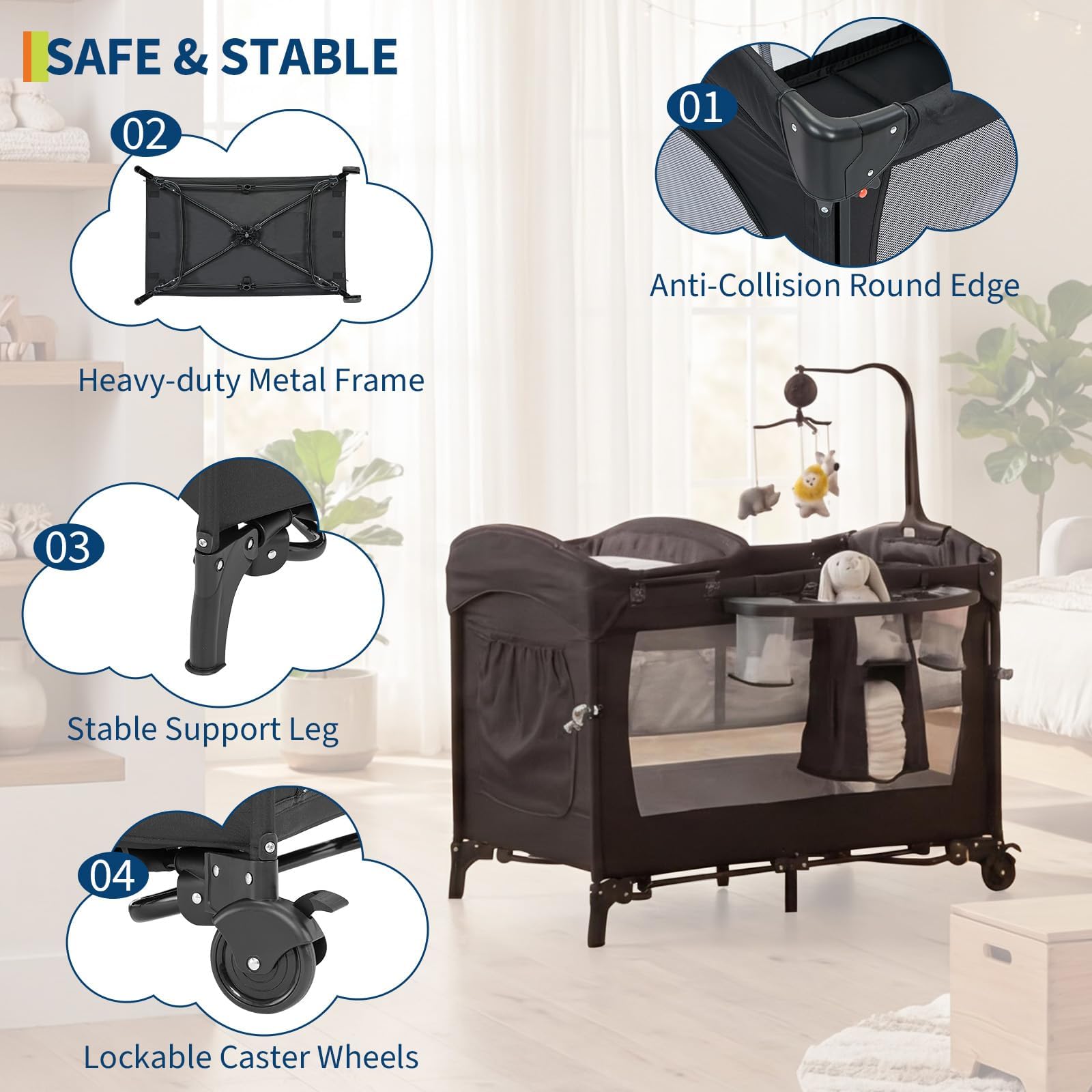 Garvee 5-in-1 Babybett & Reisebett | Autom. Wiege, Wickeltisch & Spieluhr | Bis 15 kg