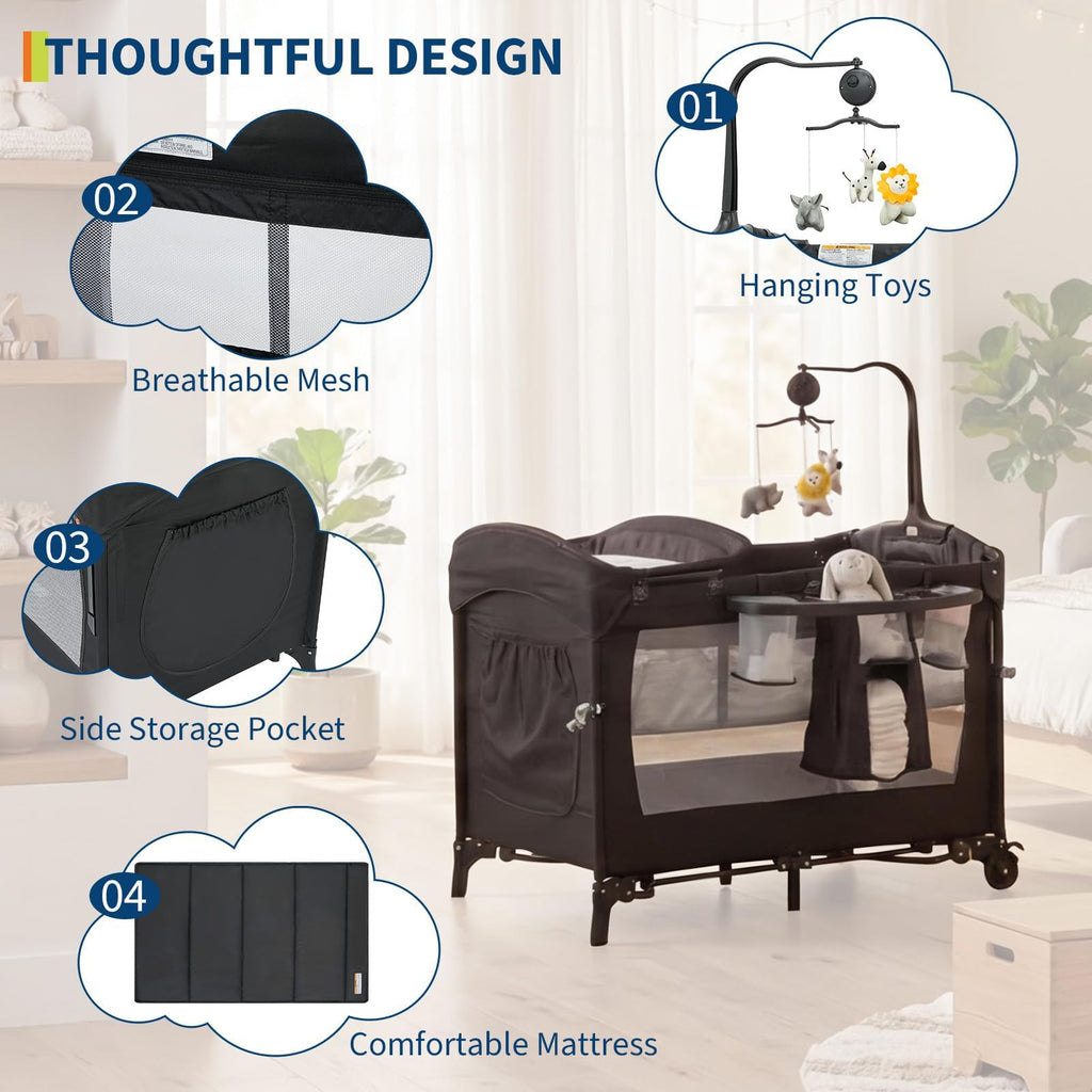 Garvee 5-in-1 Babybett & Reisebett | Autom. Wiege, Wickeltisch & Spieluhr | Bis 15 kg