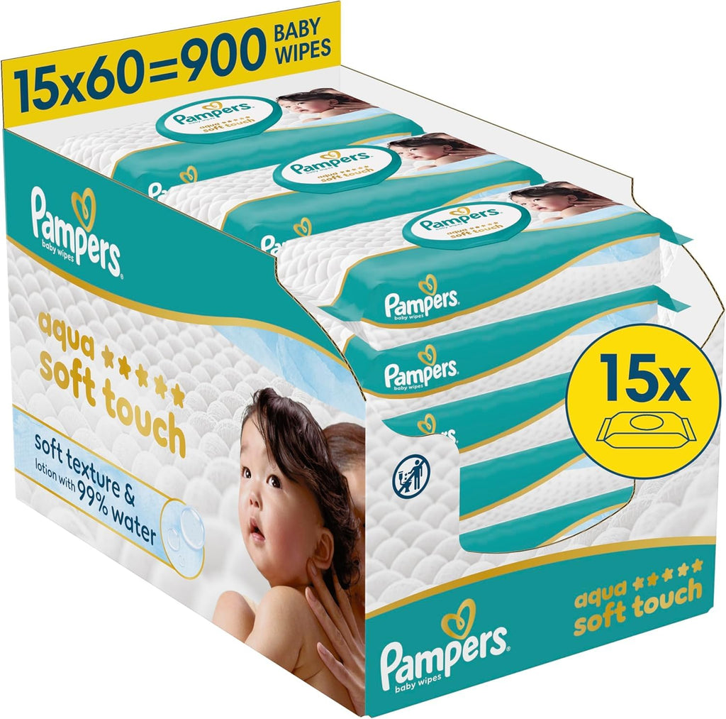 Pampers Aqua Soft Touch Feuchttücher (900 Stk.) – 15x60 | 99% Wasser