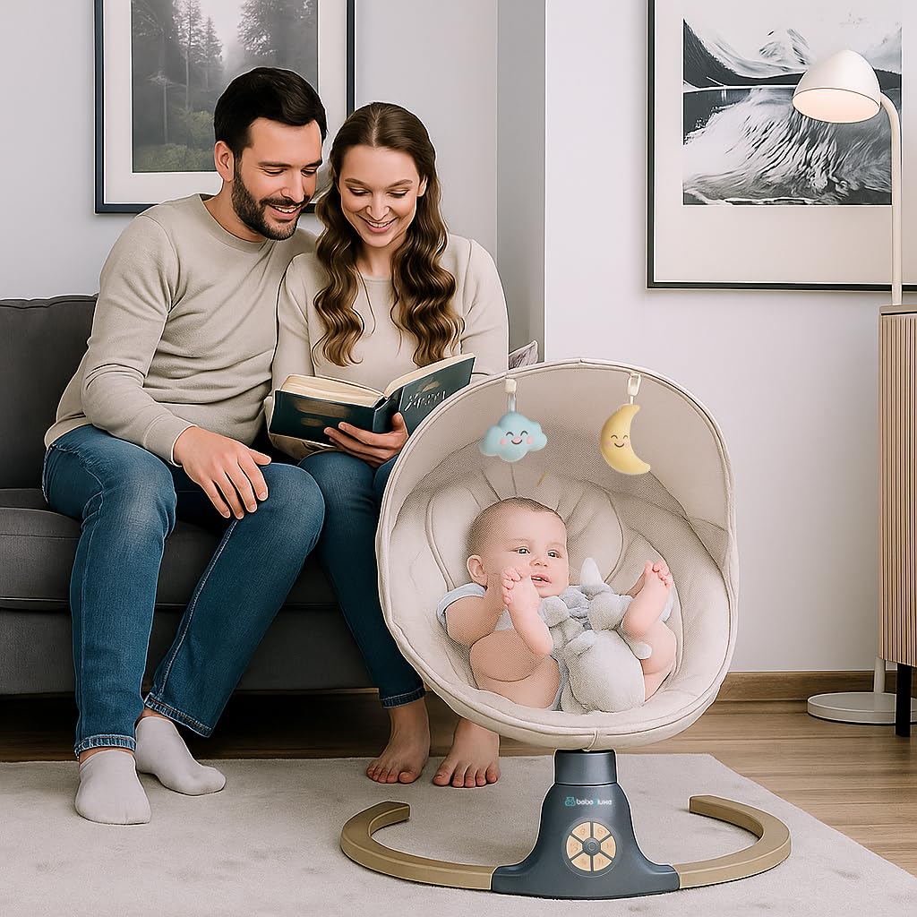 BEBE2LUXE AVA Elektrische Babyschaukel – 5 Geschwindigkeiten, Bluetooth & Fernbedienung, Beige