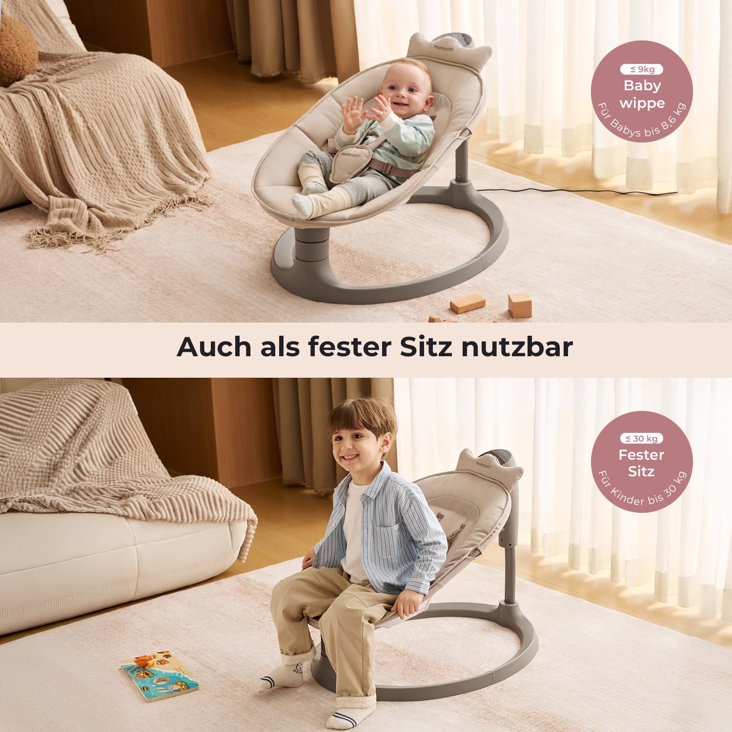 Momcozy 2-in-1 Elektrische Babywippe – Bis 30 kg, 4 Bewegungen & 4 Geschwindigkeiten