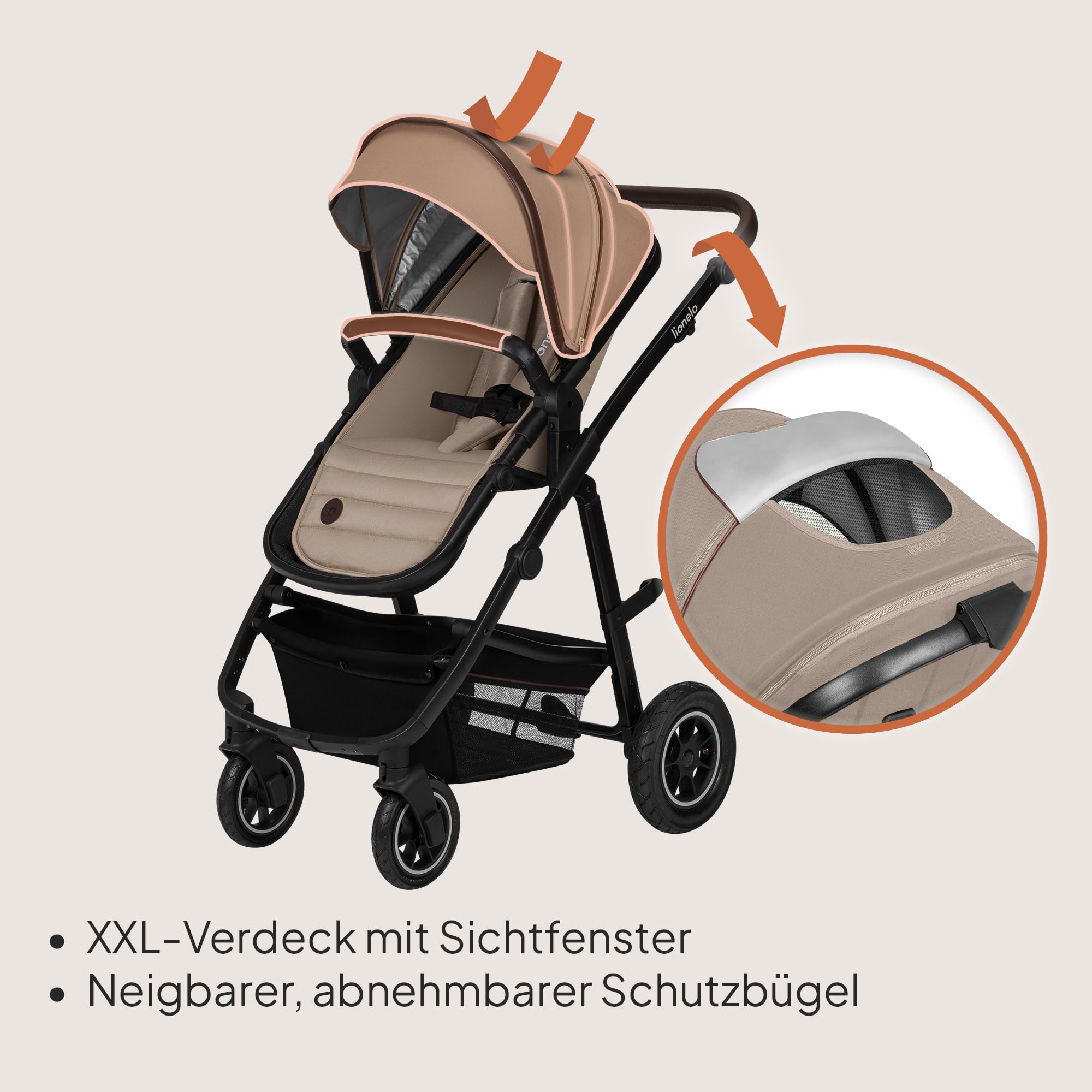 LIONELO Amber 3-in-1 Kombikinderwagen - Babywanne, Sportsitz, i-Size Autositz (40–87 cm), Luftreifen, wendbar, XXL-Dach UPF 50+, Tasche, Moskitonetz, Regenschutz