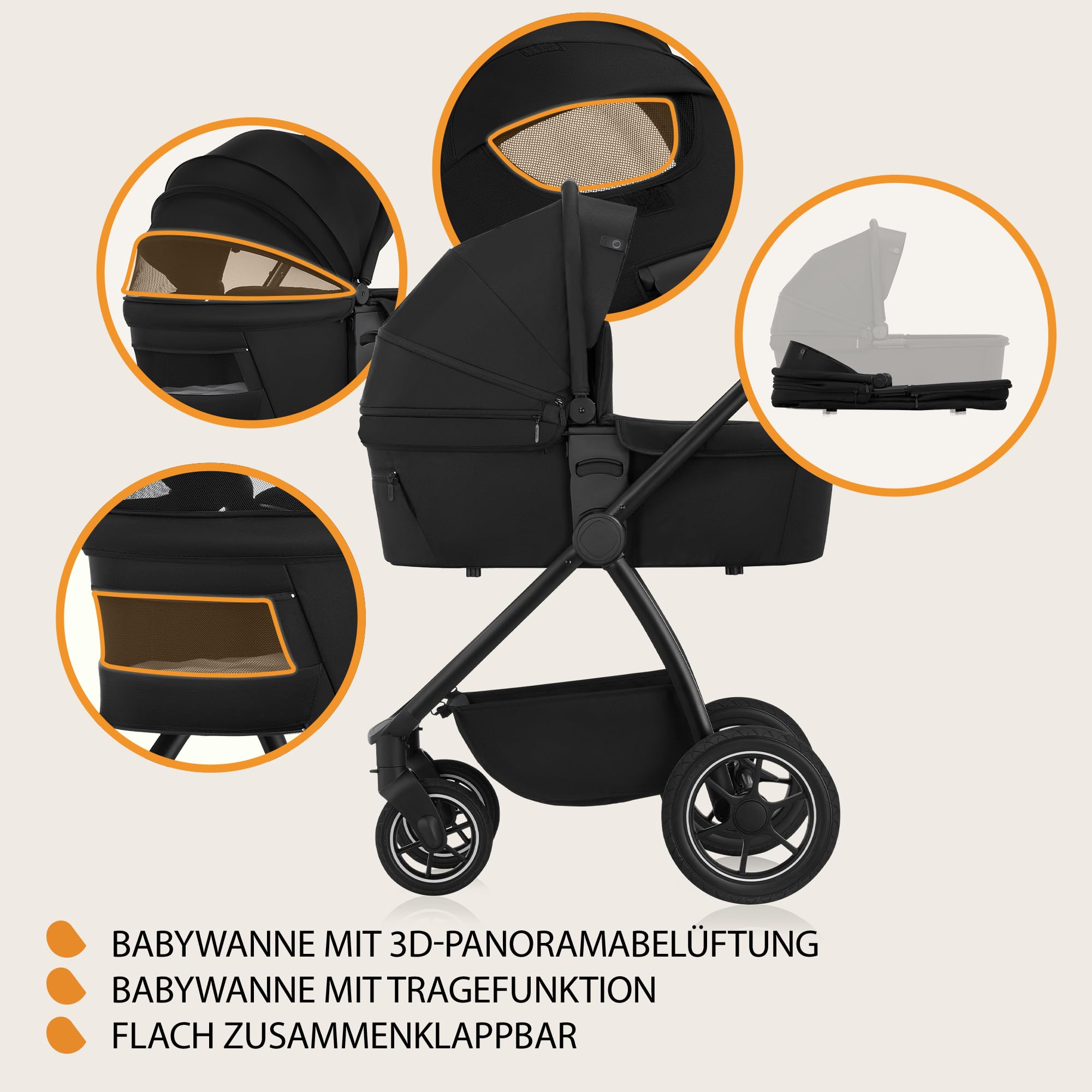 LIONELO MERIL 3-in-1 Multifunktionaler Kinderwagen 0-48 Monate Bis zu 22 kg, Babywanne bis zu 9 kg, Kindersitz bis zu 13 kg, Geländeräder 360°, Vollfederung, XXL-Verdeck mit UPF50+