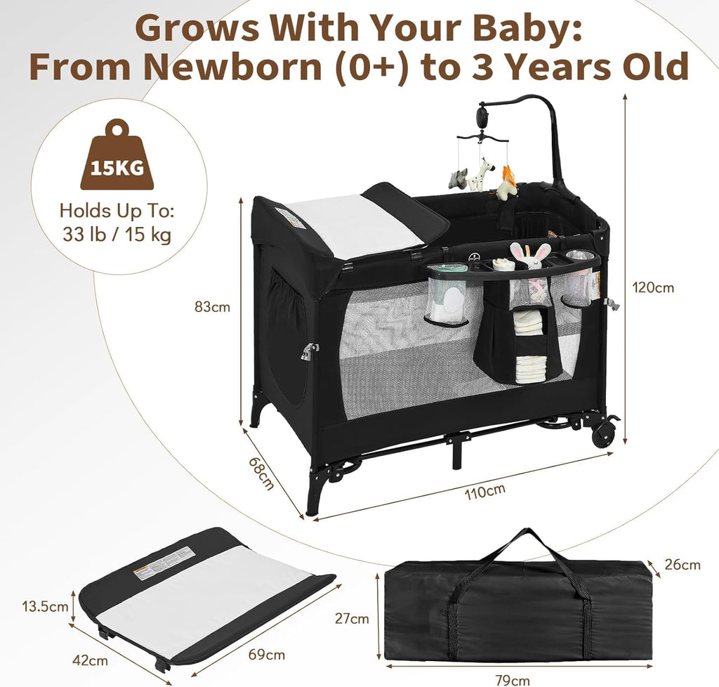 Garvee 5-in-1 Babybett & Reisebett | Autom. Wiege, Wickeltisch & Spieluhr | Bis 15 kg