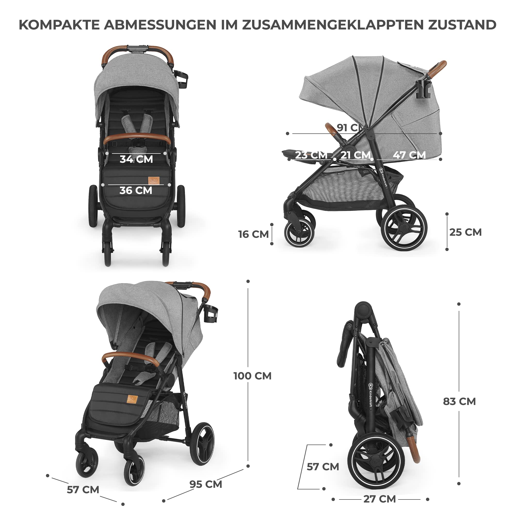 Kinderkraft GRANDE PLUS Buggy Grau | Bis 22 kg & Einhand-Faltung | Liegefunktion