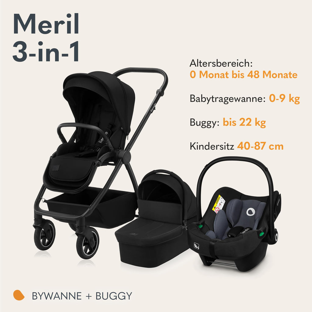 LIONELO MERIL 3-in-1 Multifunktionaler Kinderwagen 0-48 Monate Bis zu 22 kg, Babywanne bis zu 9 kg, Kindersitz bis zu 13 kg, Geländeräder 360°, Vollfederung, XXL-Verdeck mit UPF50+