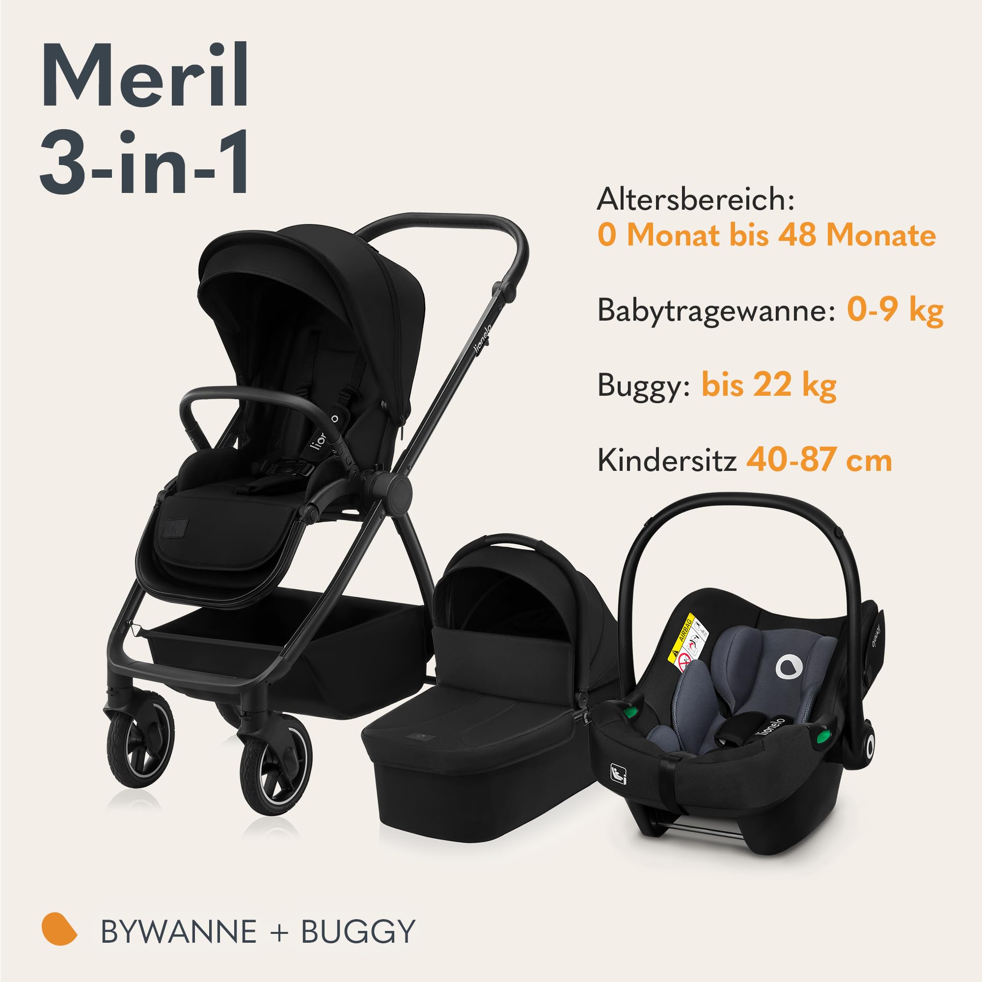 LIONELO MERIL 3-in-1 Multifunktionaler Kinderwagen 0-48 Monate Bis zu 22 kg, Babywanne bis zu 9 kg, Kindersitz bis zu 13 kg, Geländeräder 360°, Vollfederung, XXL-Verdeck mit UPF50+