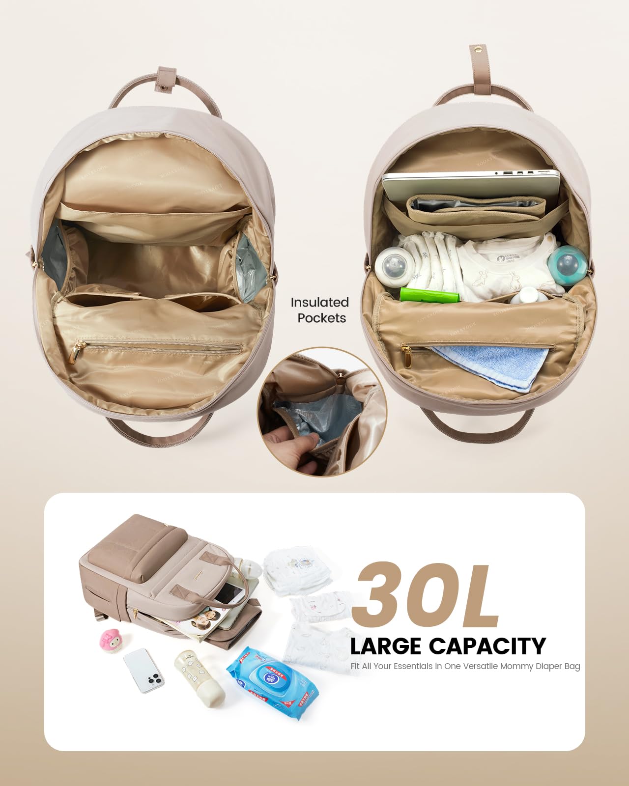 LOVEVOOK Wickelrucksack Groß Beige | Mit Wickelauflage & Kinderwagengurte