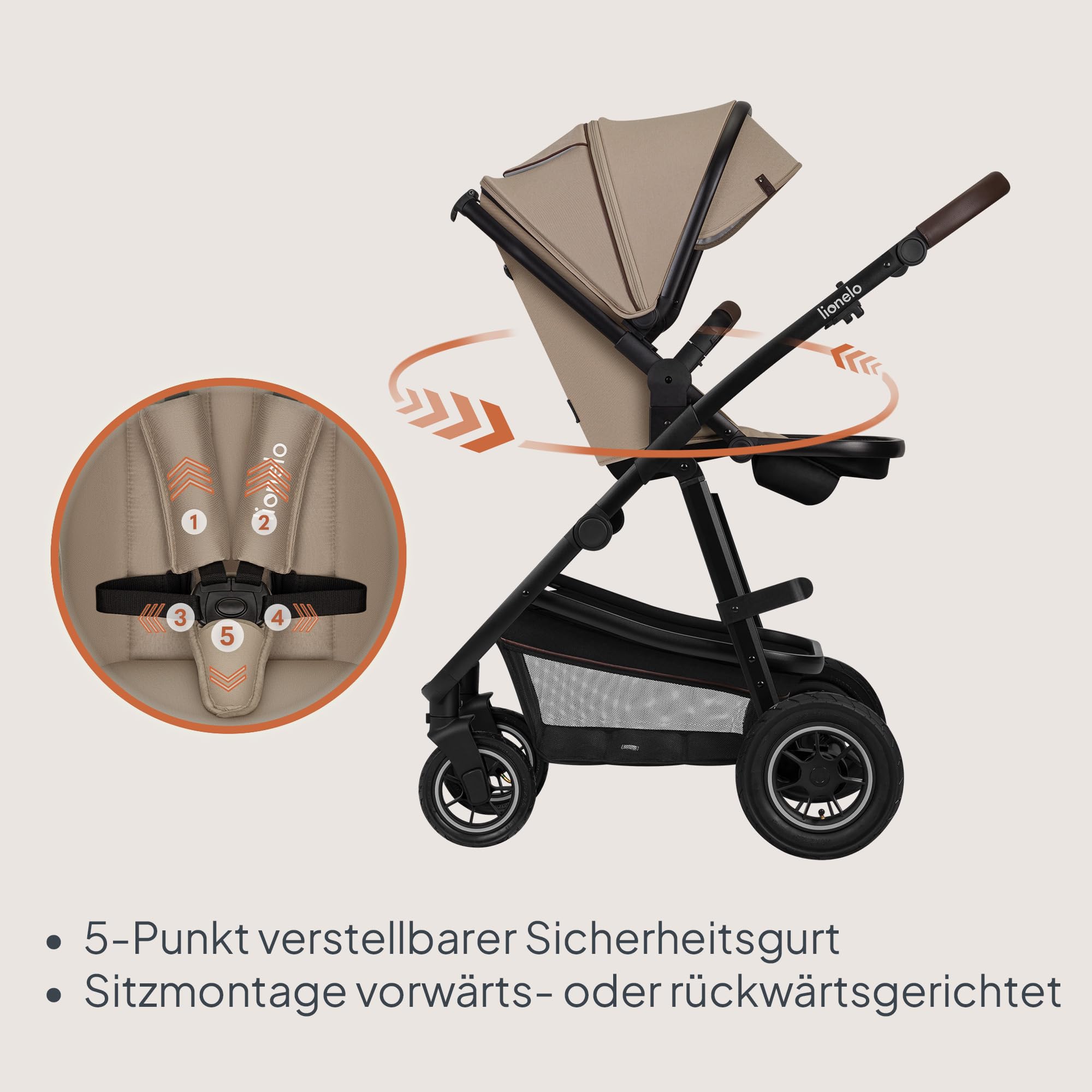 LIONELO Amber 3-in-1 Kombikinderwagen - Babywanne, Sportsitz, i-Size Autositz (40–87 cm), Luftreifen, wendbar, XXL-Dach UPF 50+, Tasche, Moskitonetz, Regenschutz