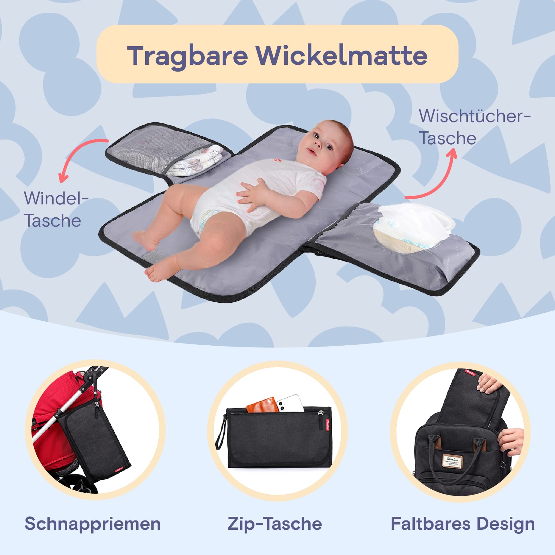 RUVALINO Baby Wickelrucksack Schwarz | Mit Wickelauflage & Schnullerhalter