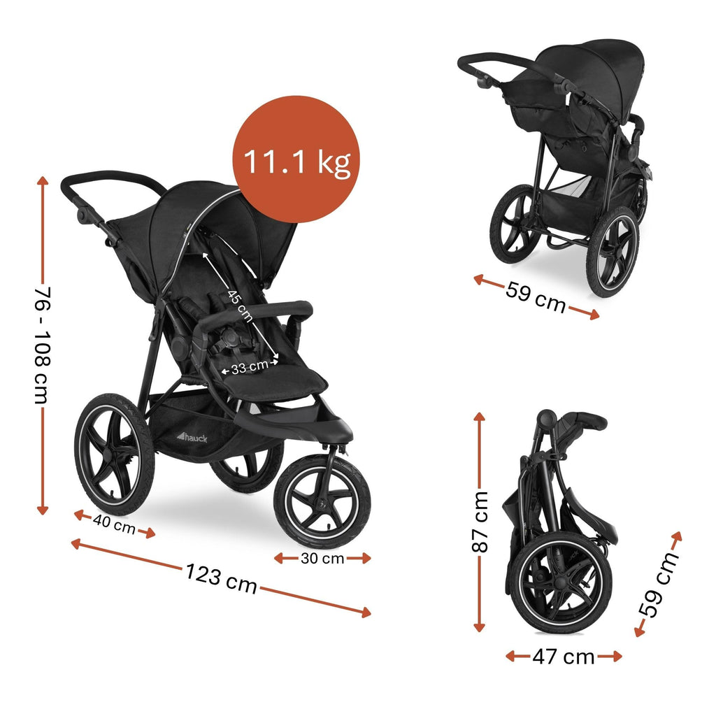 Hauck Runner 2, Schwarz - Robuster Dreirad Buggy mit XL Lufträdern, Federung, UV Schutz 50+, XL Netzfenster, Verstellbarer Schieber, mit Liegefunktion für Kinder ab Geburt bis 22 kg, Faltbar