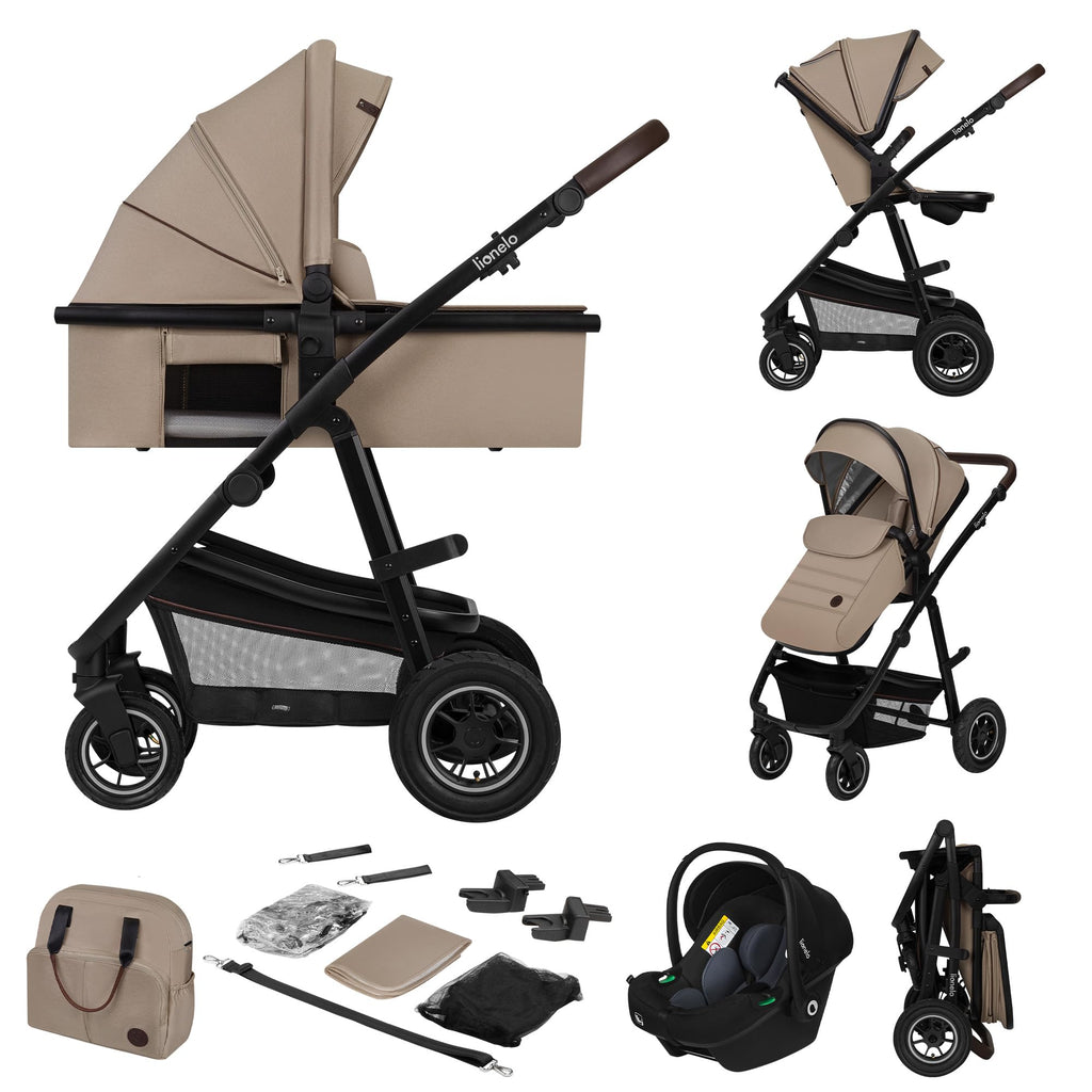 LIONELO Amber 3-in-1 Kombikinderwagen - Babywanne, Sportsitz, i-Size Autositz (40–87 cm), Luftreifen, wendbar, XXL-Dach UPF 50+, Tasche, Moskitonetz, Regenschutz