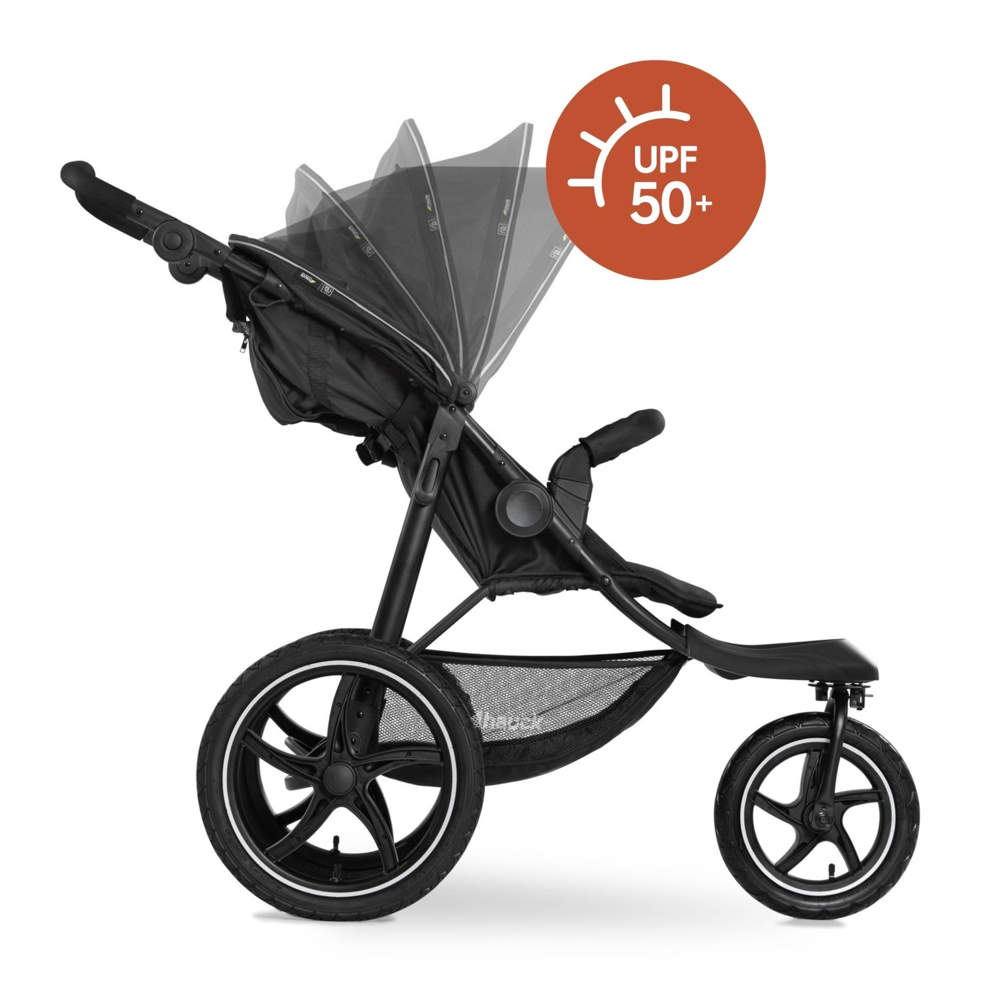 Hauck Runner 2, Schwarz - Robuster Dreirad Buggy mit XL Lufträdern, Federung, UV Schutz 50+, XL Netzfenster, Verstellbarer Schieber, mit Liegefunktion für Kinder ab Geburt bis 22 kg, Faltbar