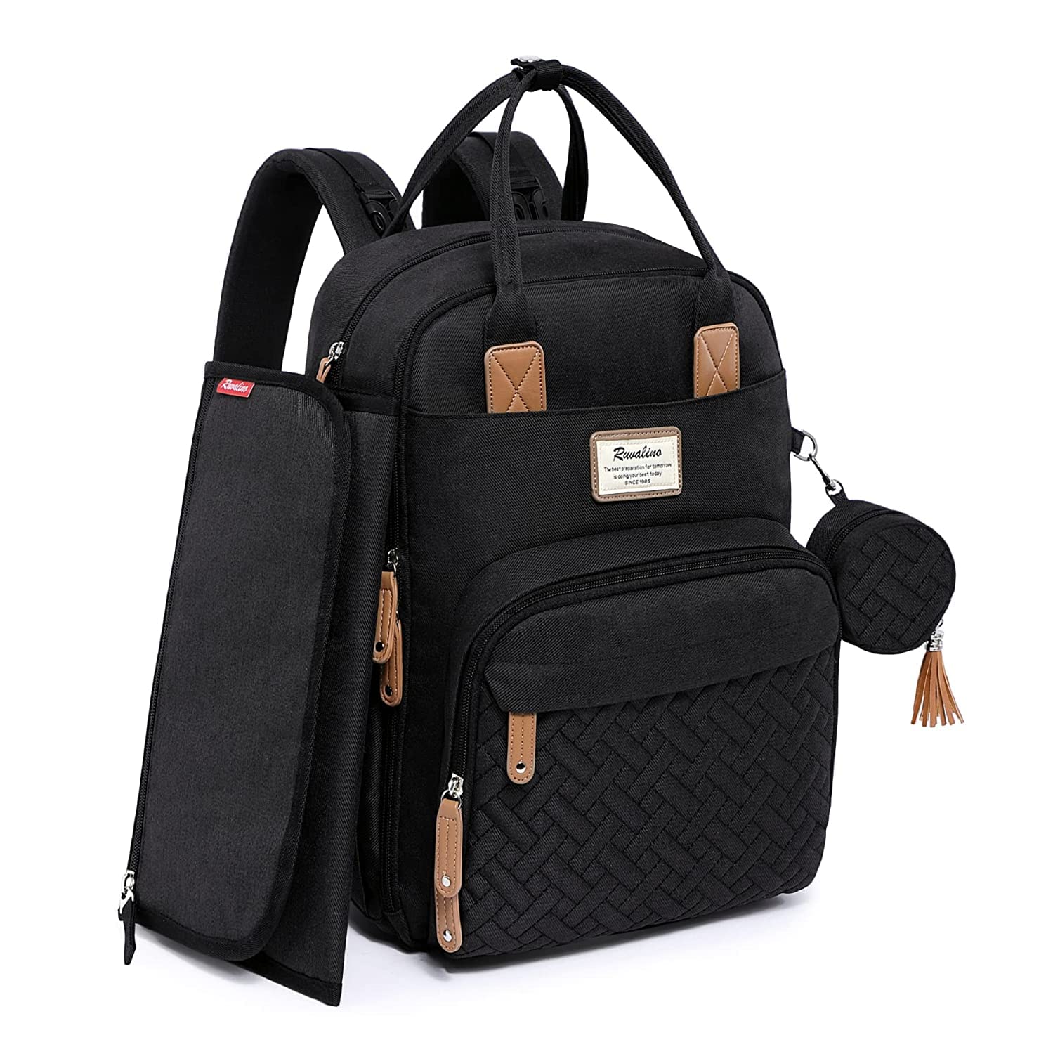 RUVALINO Baby Wickelrucksack Schwarz | Mit Wickelauflage & Schnullerhalter