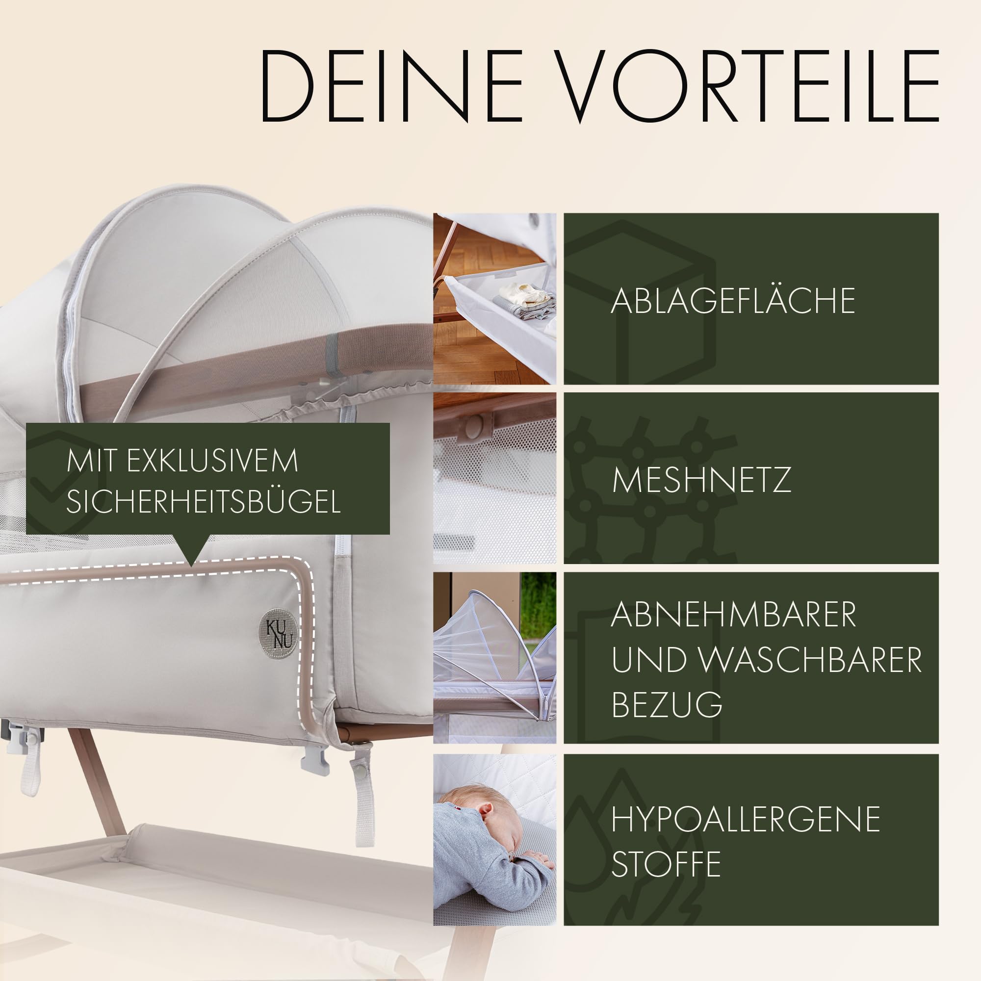 KUNU® 3-in-1 Babybett & Beistellbett | Ideal für Boxspringbett & Reise | Mit Wiegefunktion