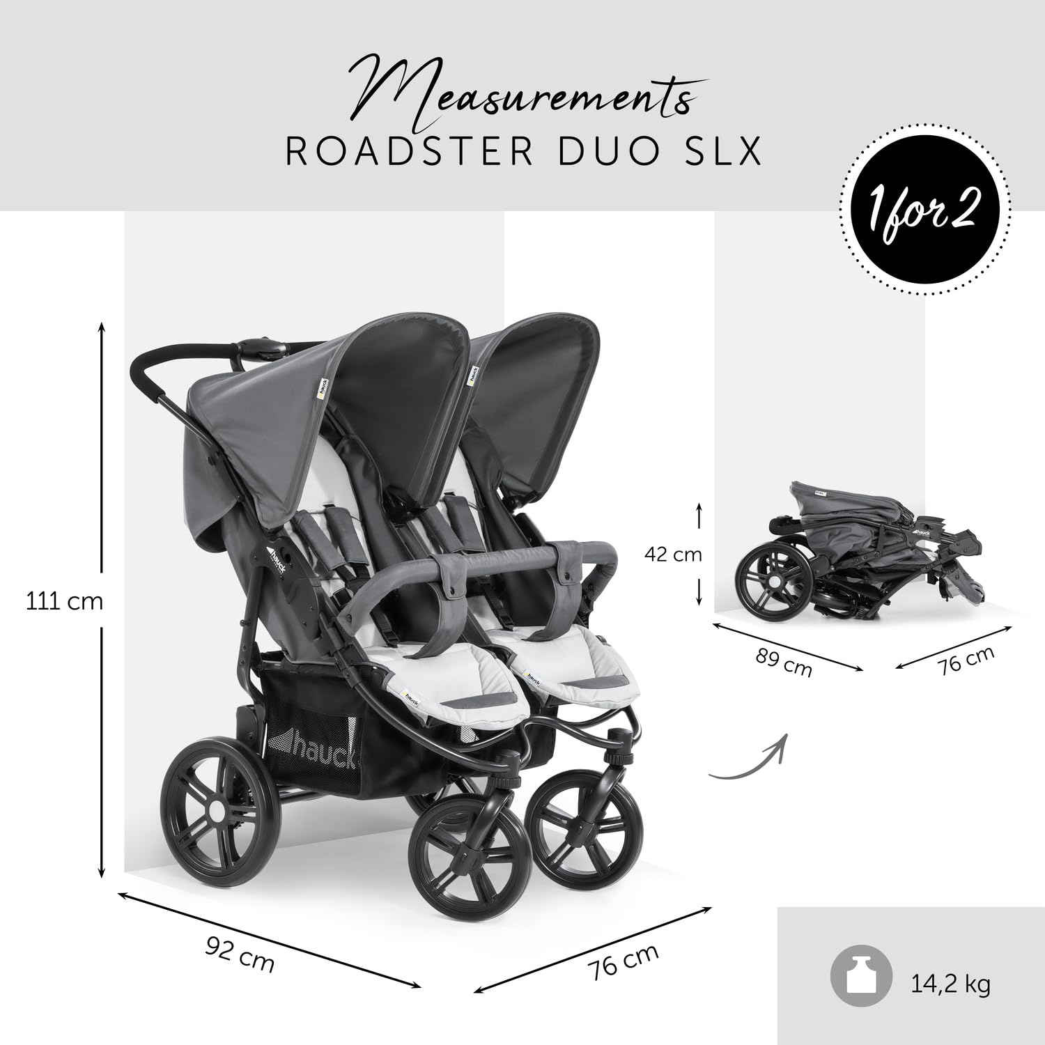 Hauck Roadster Duo SLX Geschwisterwagen | XL-Korb & Liegefunktion | Bis 15 kg | Grey/Silver