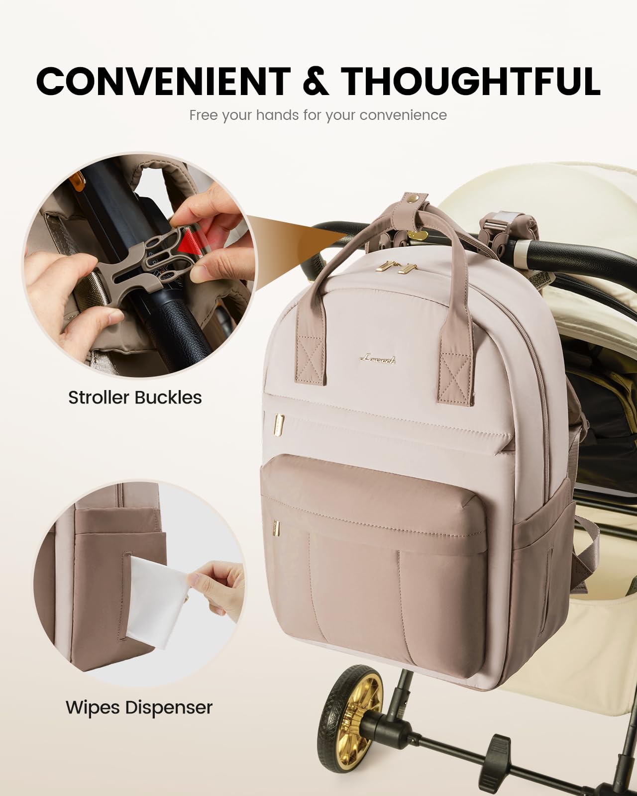 LOVEVOOK Wickelrucksack Groß Beige | Mit Wickelauflage & Kinderwagengurte