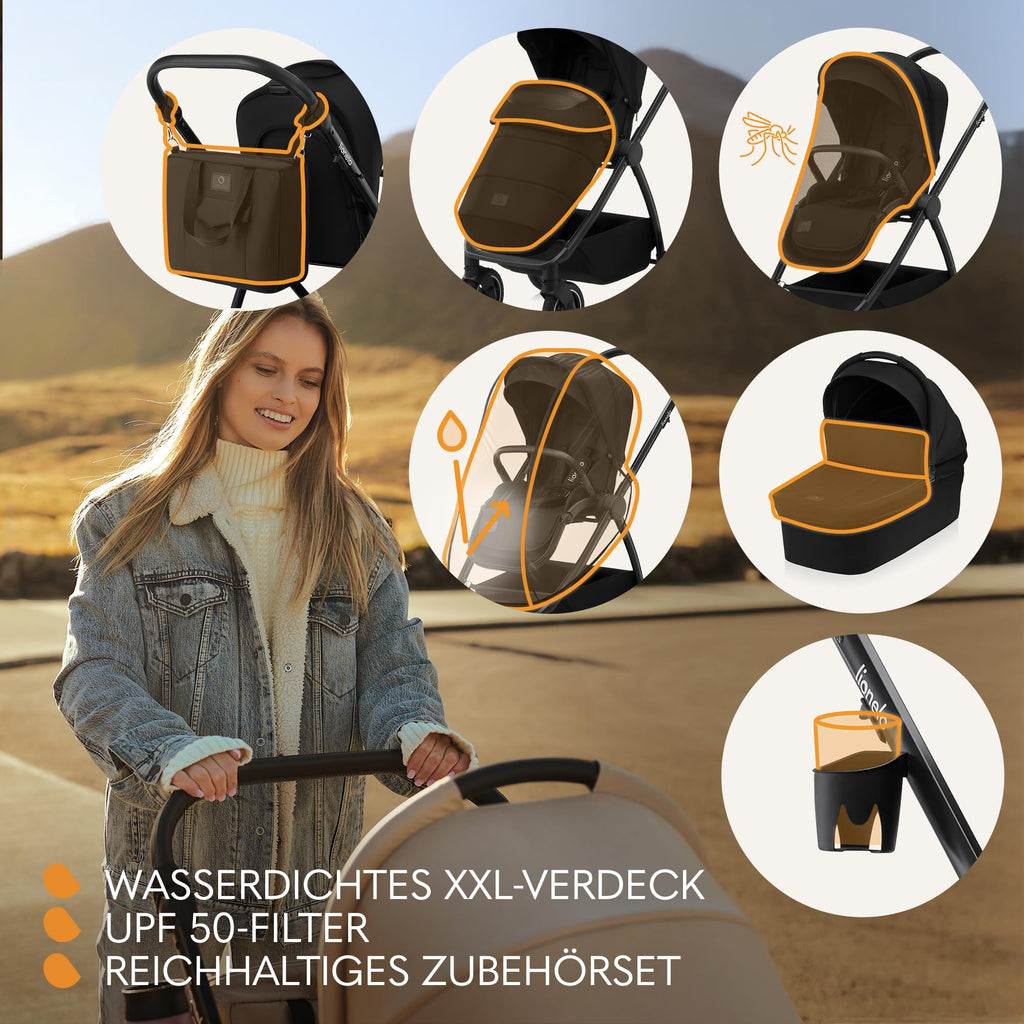 LIONELO MERIL 3-in-1 Multifunktionaler Kinderwagen 0-48 Monate Bis zu 22 kg, Babywanne bis zu 9 kg, Kindersitz bis zu 13 kg, Geländeräder 360°, Vollfederung, XXL-Verdeck mit UPF50+