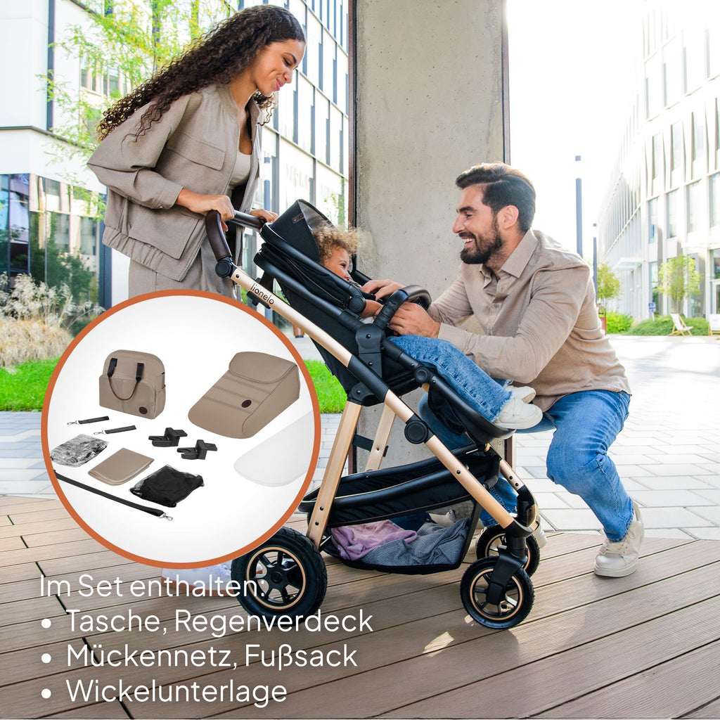 LIONELO Amber 3-in-1 Kombikinderwagen - Babywanne, Sportsitz, i-Size Autositz (40–87 cm), Luftreifen, wendbar, XXL-Dach UPF 50+, Tasche, Moskitonetz, Regenschutz