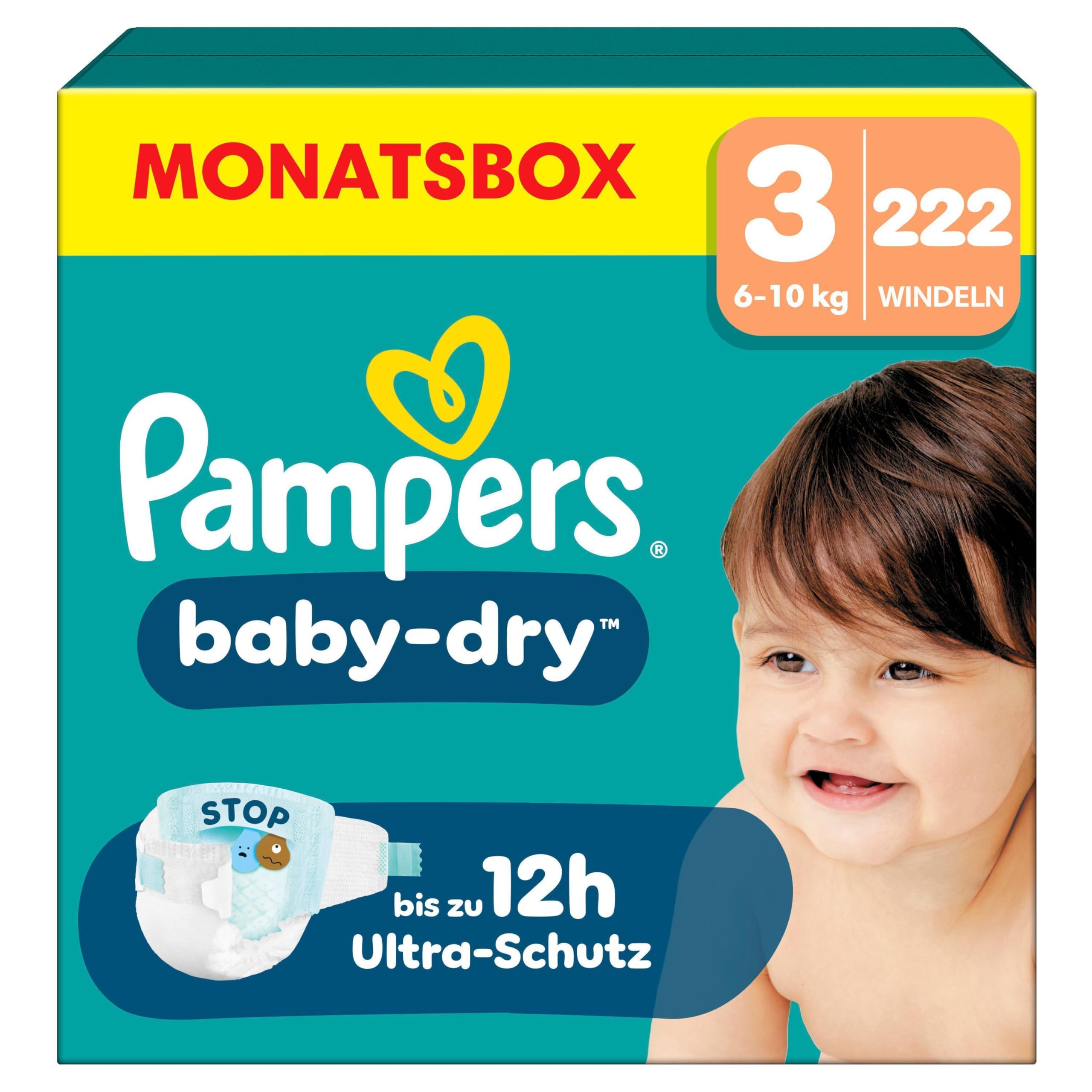 Pampers Premium Protection Größe 3, 222 Windeln (6-10 kg) – Jahresvorrat