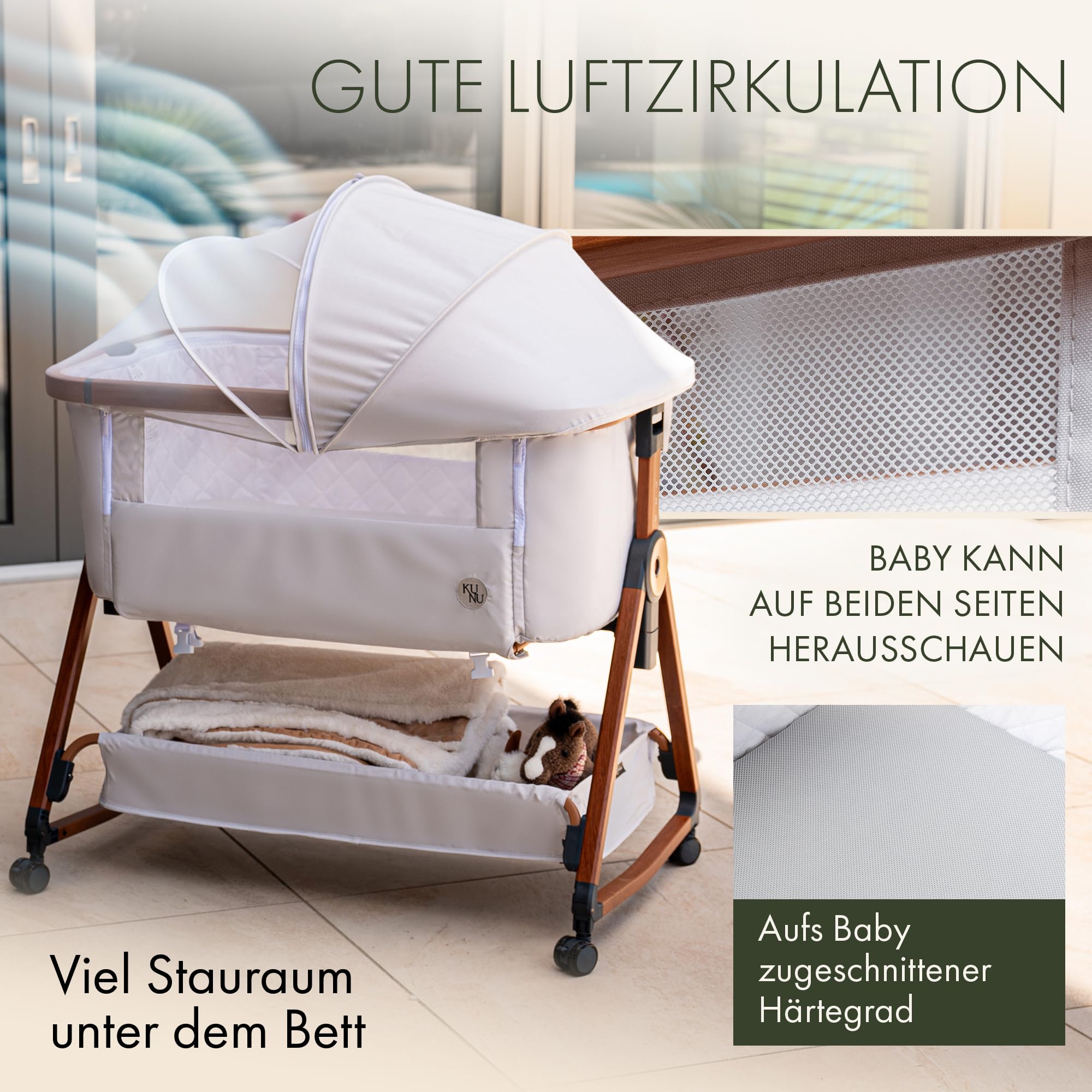 KUNU® 3-in-1 Babybett & Beistellbett | Ideal für Boxspringbett & Reise | Mit Wiegefunktion