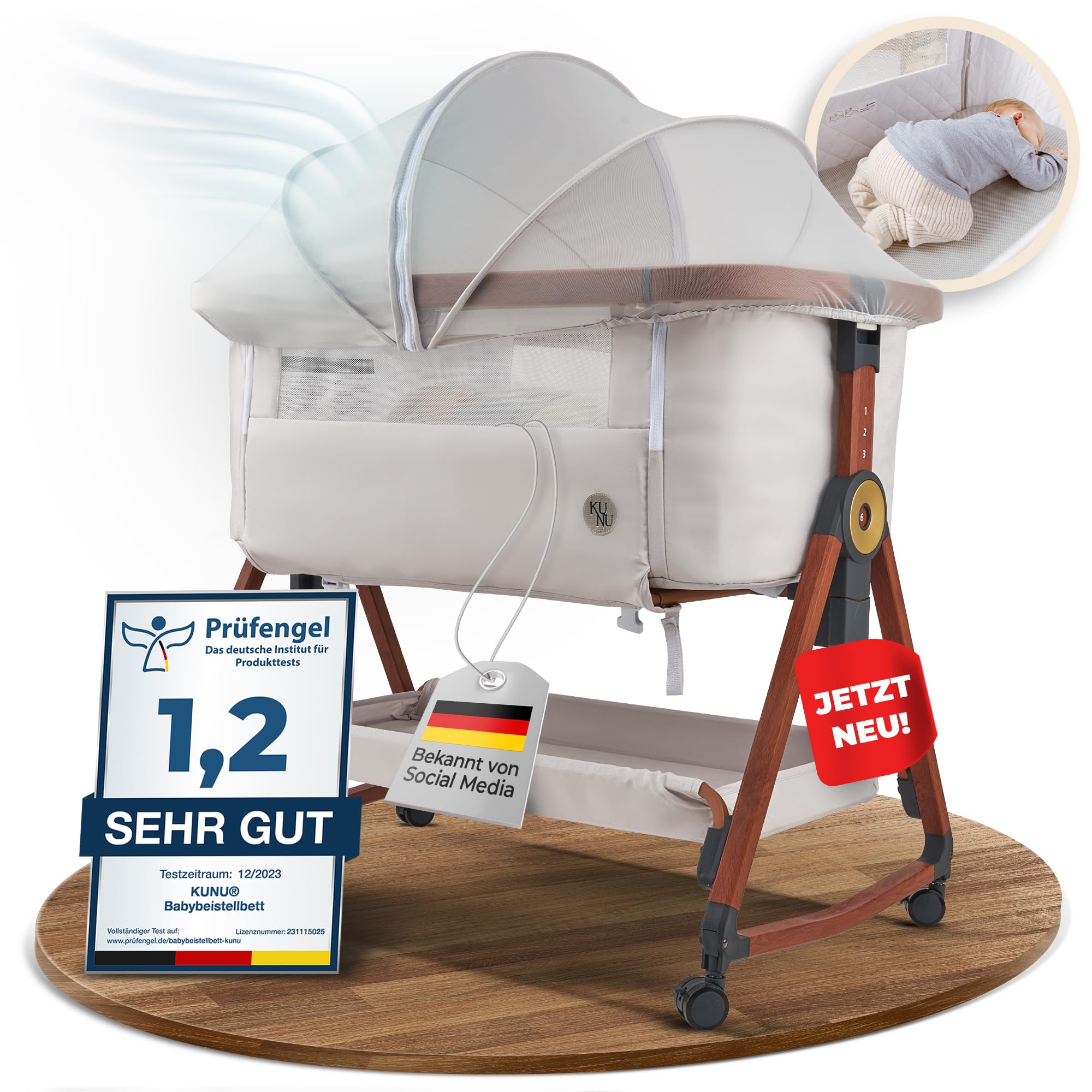 KUNU® 3-in-1 Babybett & Beistellbett | Ideal für Boxspringbett & Reise | Mit Wiegefunktion
