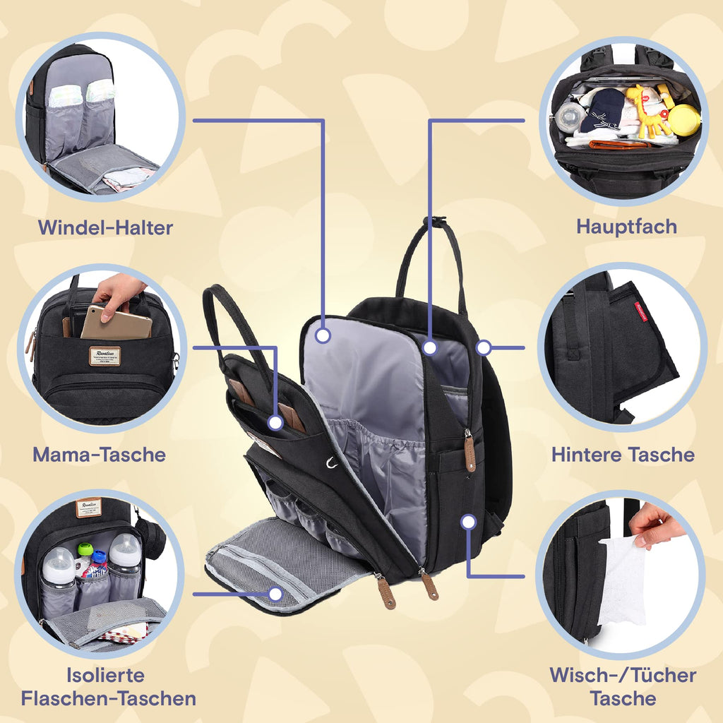 RUVALINO Baby Wickelrucksack Schwarz | Mit Wickelauflage & Schnullerhalter
