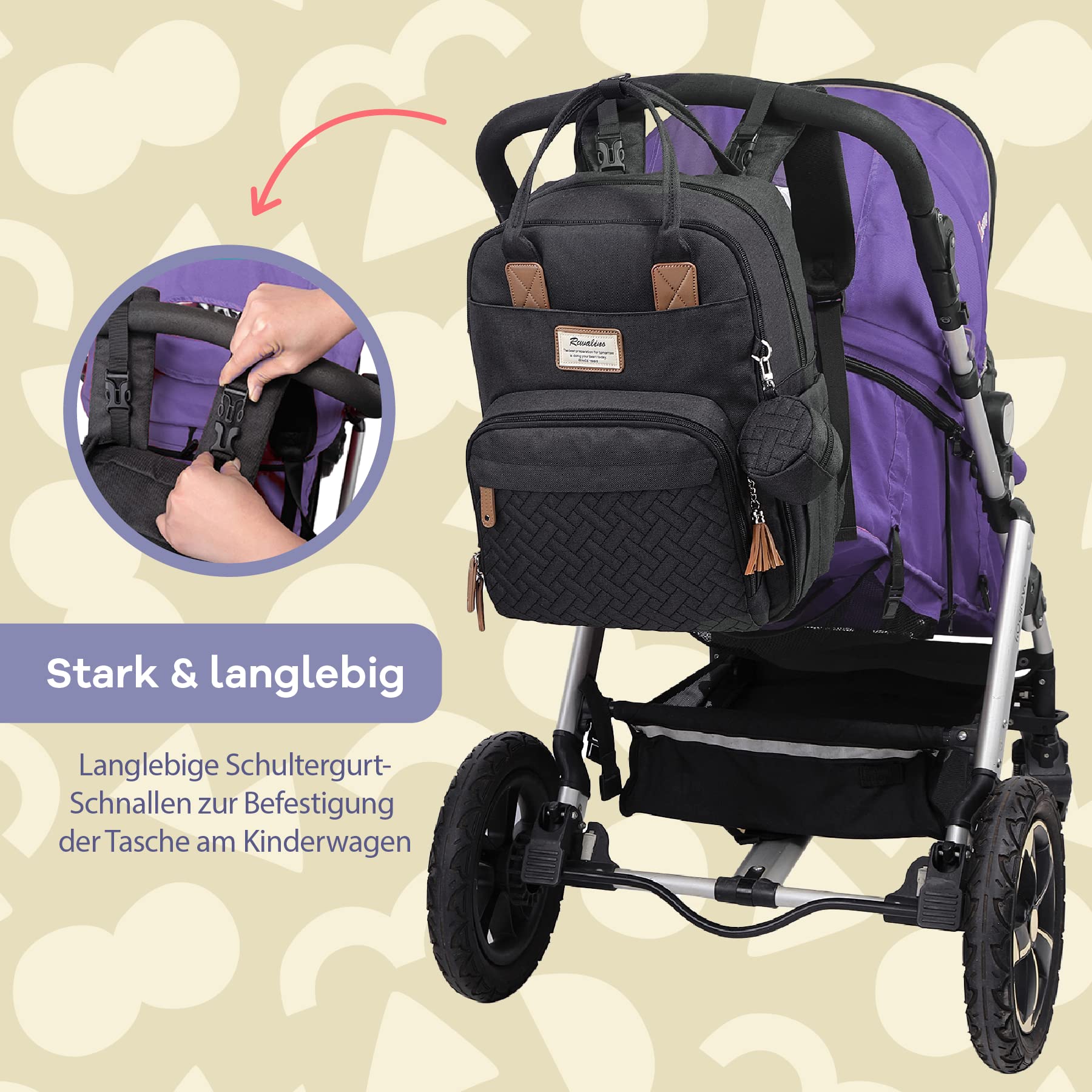 RUVALINO Baby Wickelrucksack Schwarz | Mit Wickelauflage & Schnullerhalter