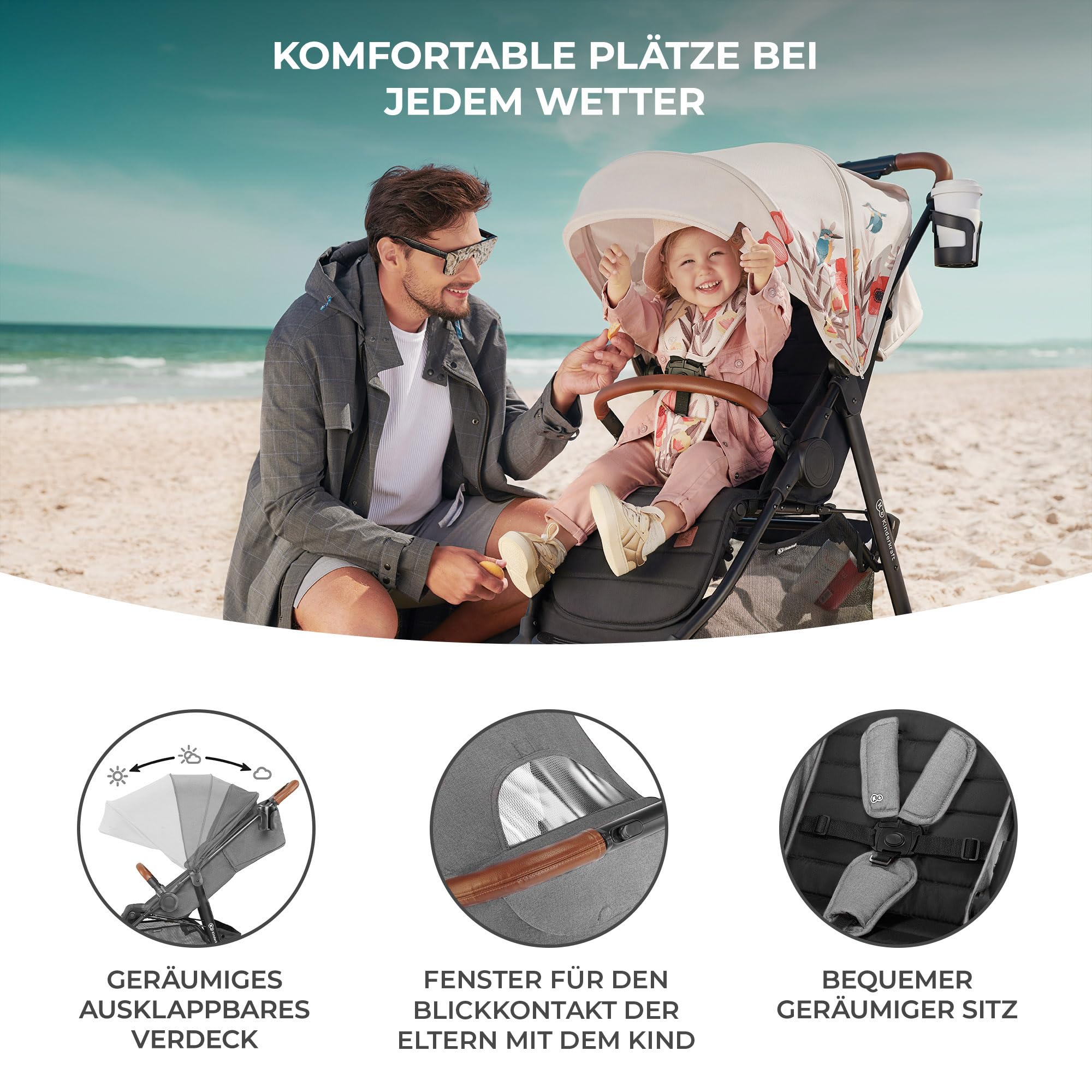 Kinderkraft GRANDE PLUS Buggy Grau | Bis 22 kg & Einhand-Faltung | Liegefunktion