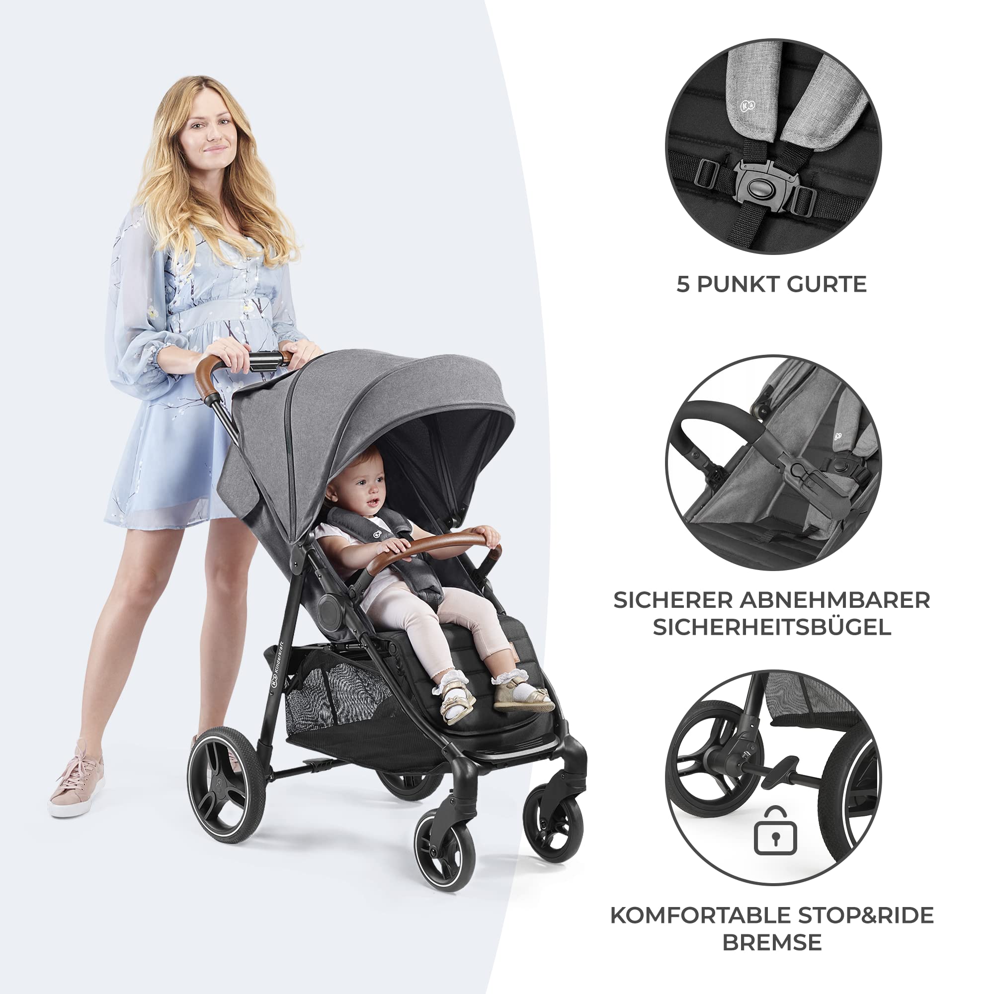 Kinderkraft GRANDE PLUS Buggy Grau | Bis 22 kg & Einhand-Faltung | Liegefunktion