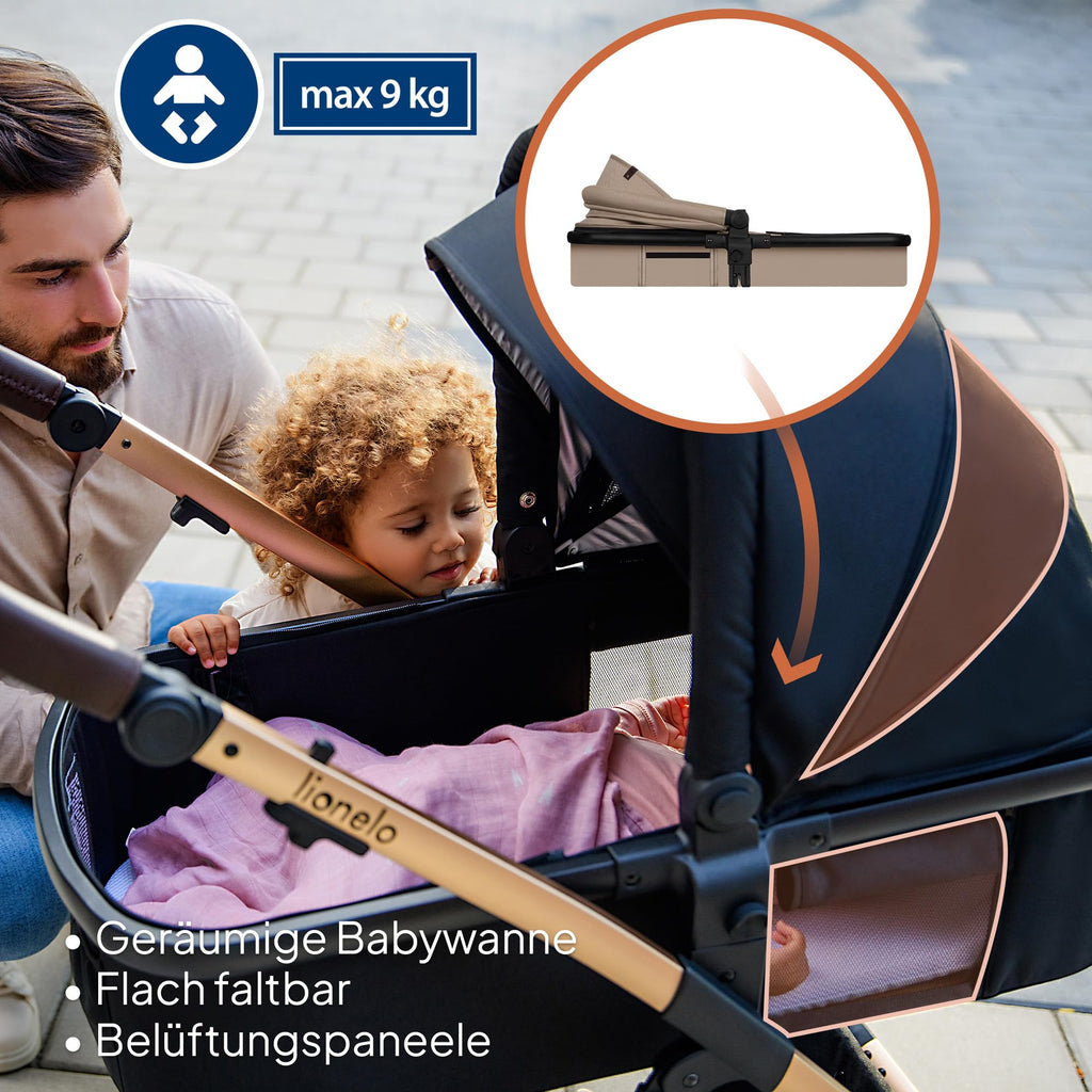 LIONELO Amber 3-in-1 Kombikinderwagen - Babywanne, Sportsitz, i-Size Autositz (40–87 cm), Luftreifen, wendbar, XXL-Dach UPF 50+, Tasche, Moskitonetz, Regenschutz