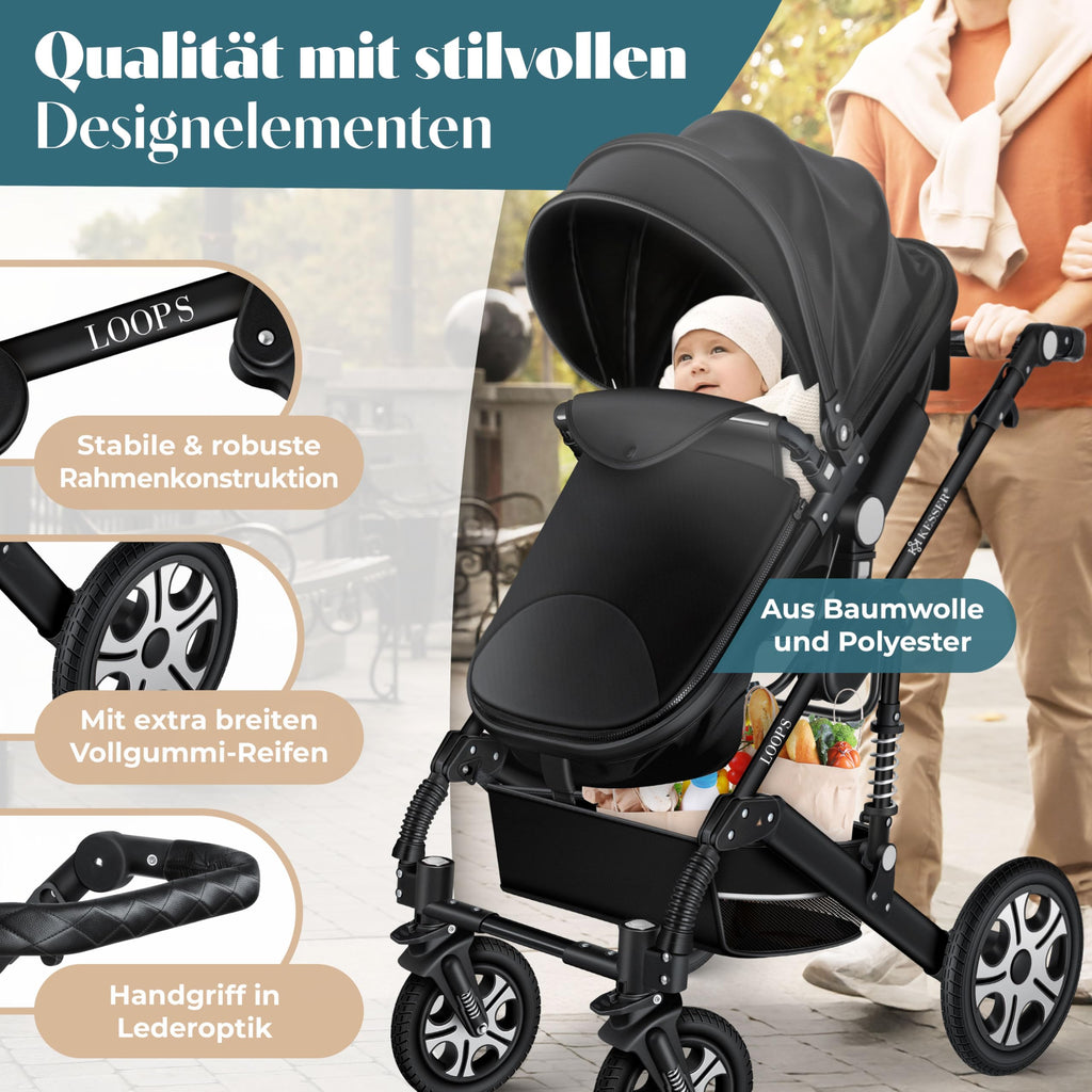 KESSER® Loops 4 in 1 Kinderwagen Komplett-Set | ECE R129 & Vollgummi | Schwarz