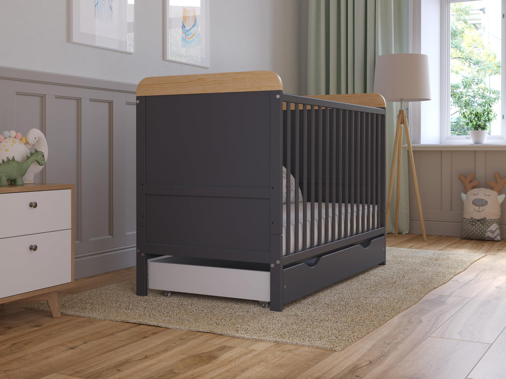 Love For Sleep Babybett 120x60 mit Schublade | Anthrazit-Kiefer Komplett-Set | Mitwachsend