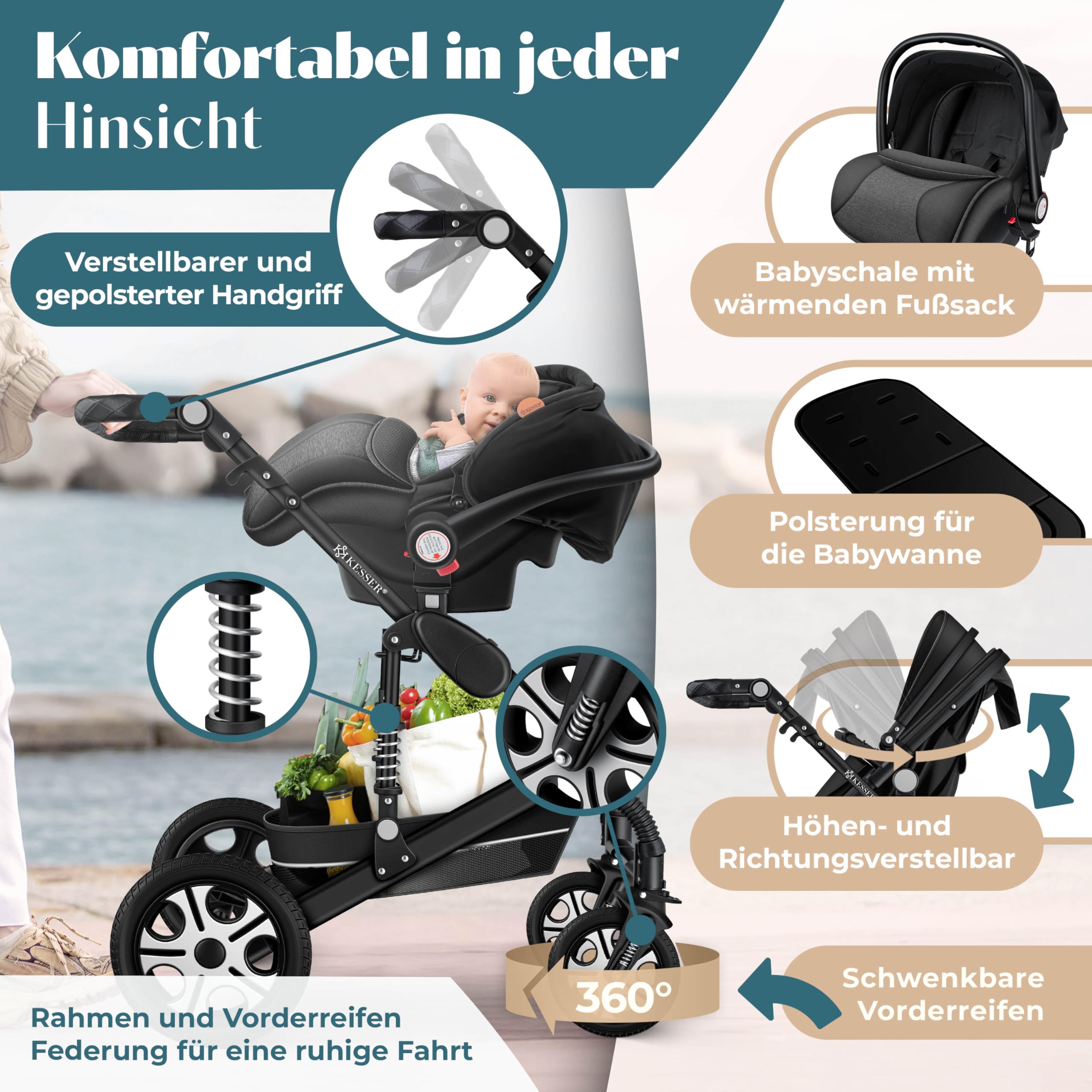 KESSER® Loops 4 in 1 Kinderwagen Komplett-Set | ECE R129 & Vollgummi | Schwarz