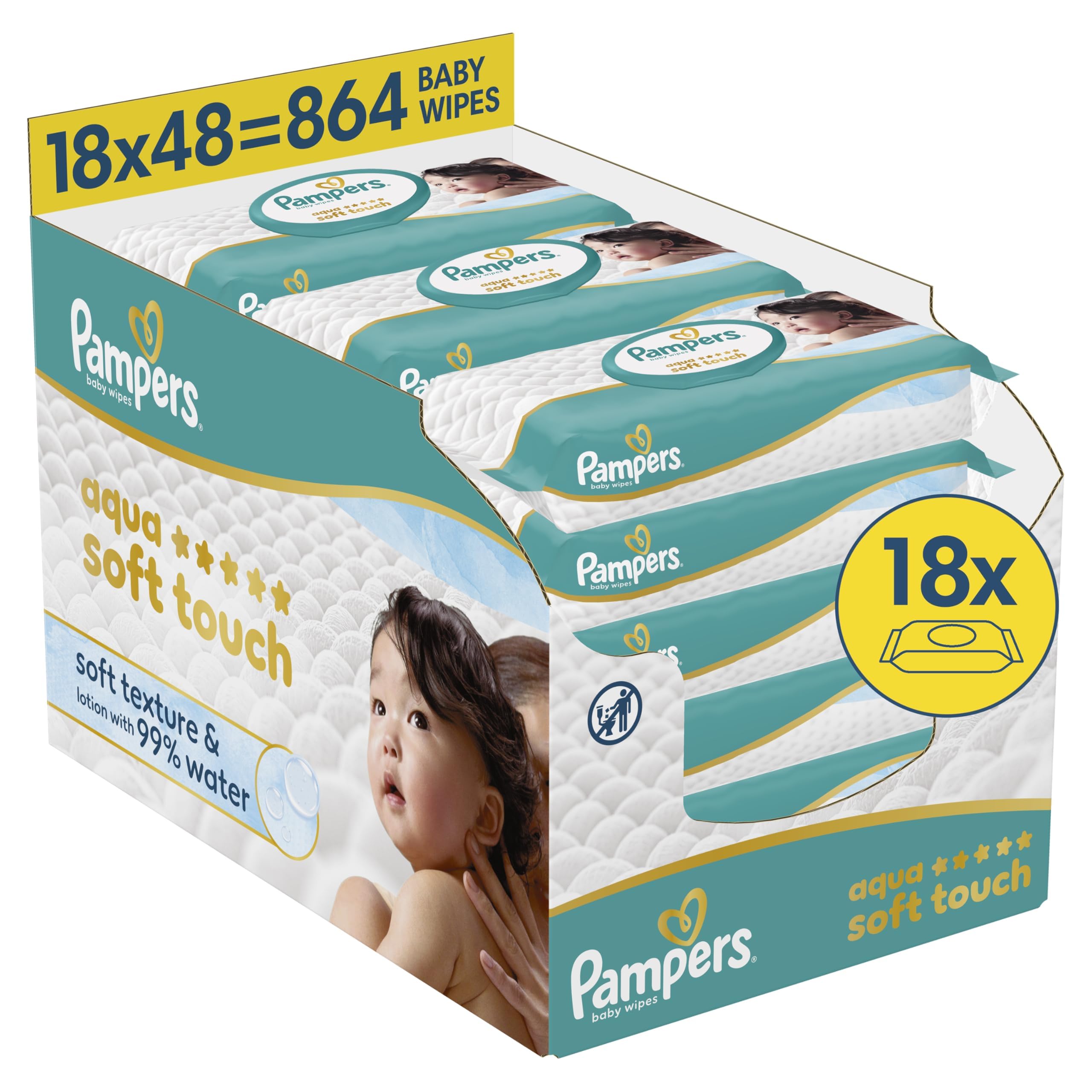 Pampers Aqua Soft Touch Feuchttücher (864 Stk.) – 18x48 | 99% Wasser
