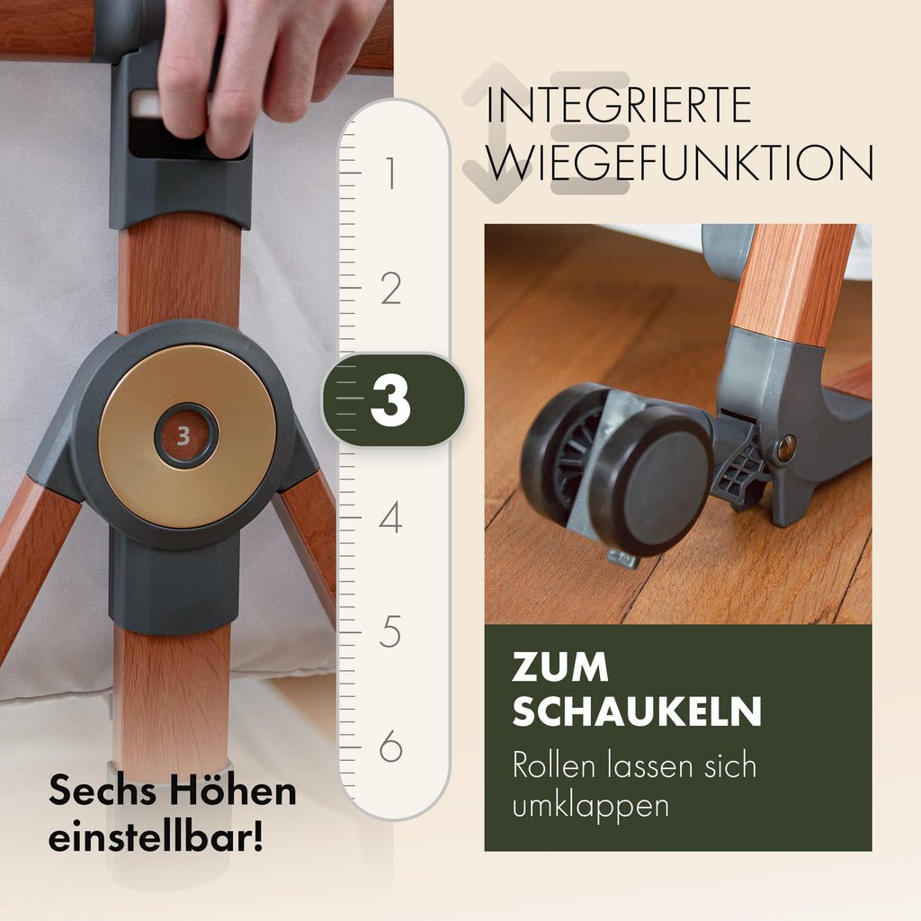 KUNU® 3-in-1 Babybett & Beistellbett | Ideal für Boxspringbett & Reise | Mit Wiegefunktion