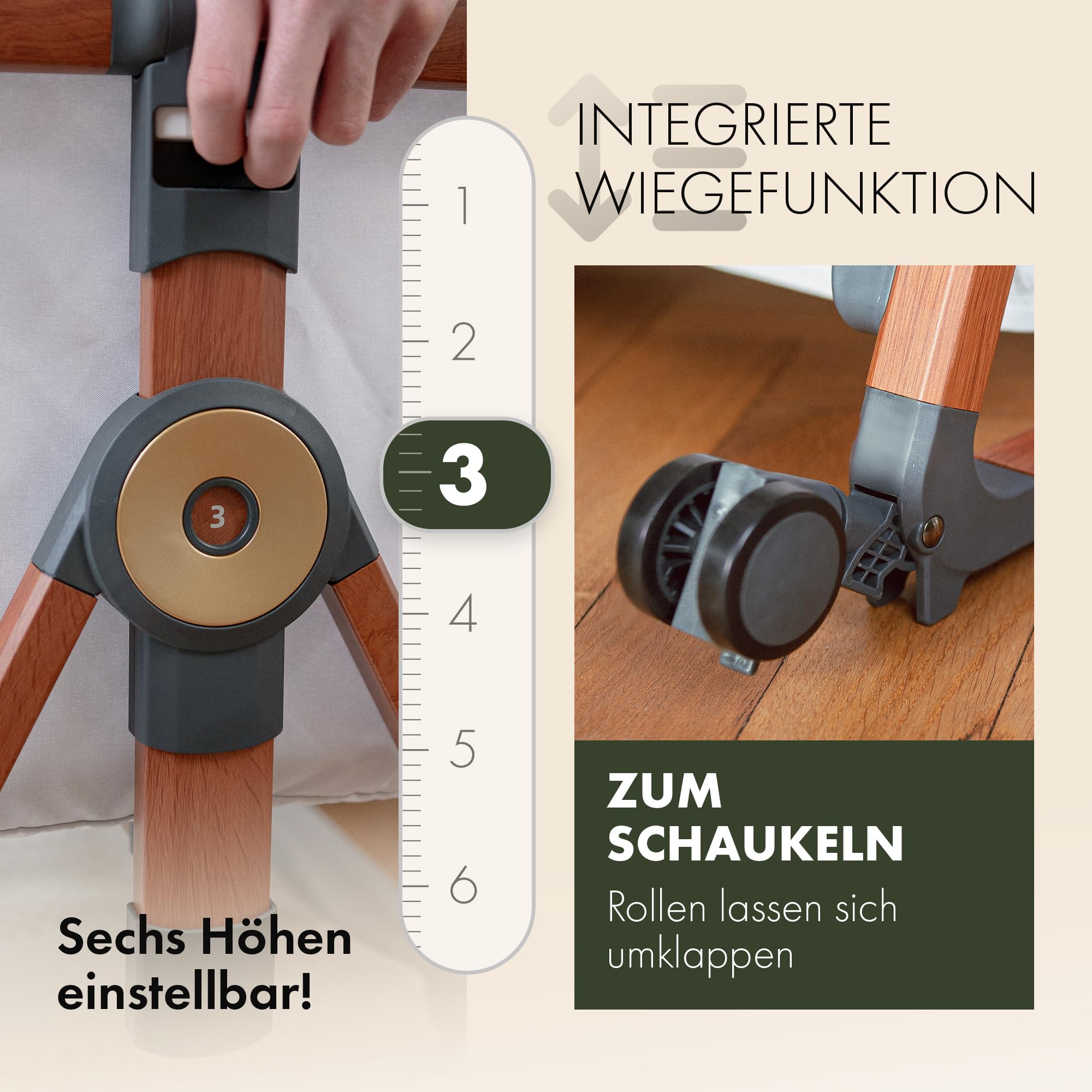 KUNU® 3-in-1 Babybett & Beistellbett | Ideal für Boxspringbett & Reise | Mit Wiegefunktion