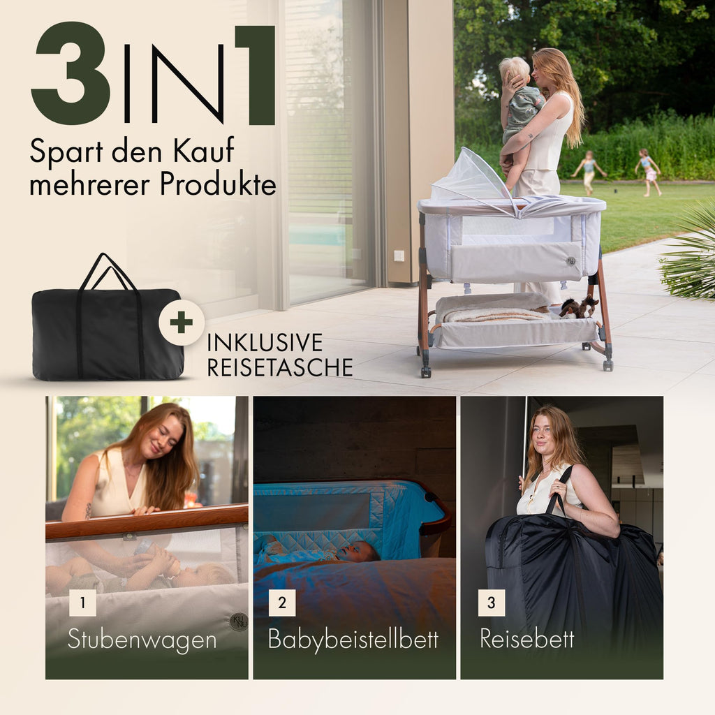 KUNU® 3-in-1 Babybett & Beistellbett | Ideal für Boxspringbett & Reise | Mit Wiegefunktion