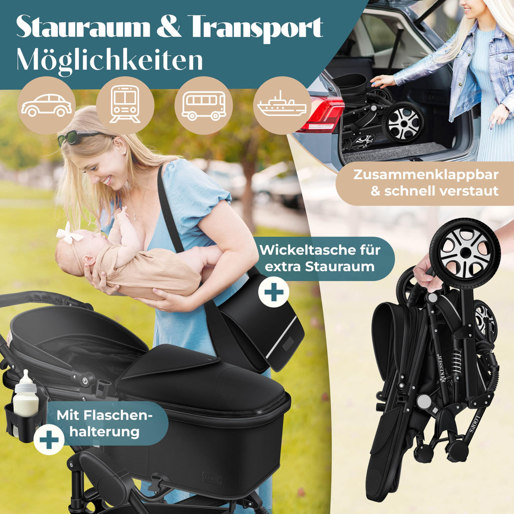 KESSER® Loops 4 in 1 Kinderwagen Komplett-Set | ECE R129 & Vollgummi | Schwarz