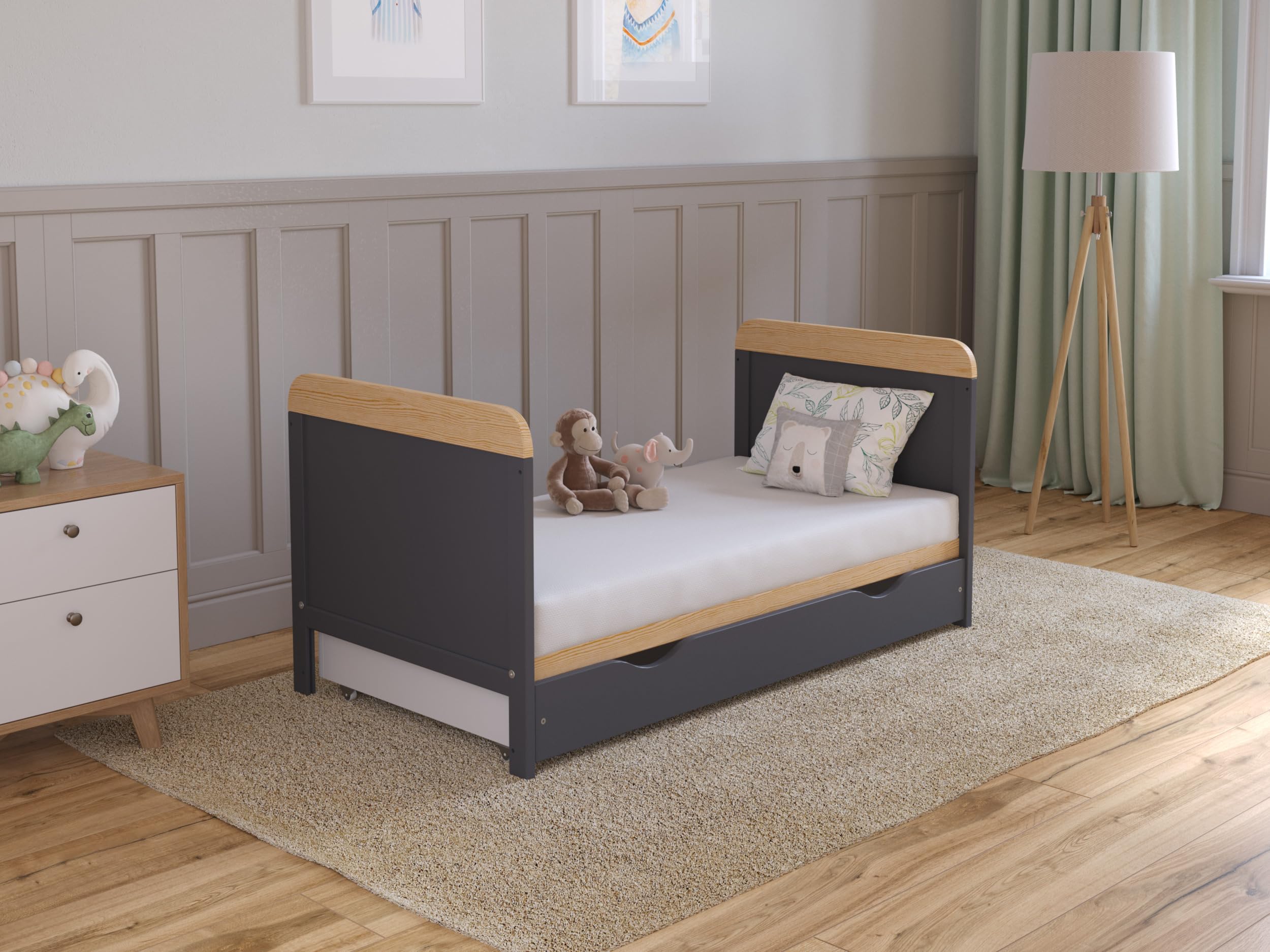 Love For Sleep Babybett 120x60 mit Schublade | Anthrazit-Kiefer Komplett-Set | Mitwachsend